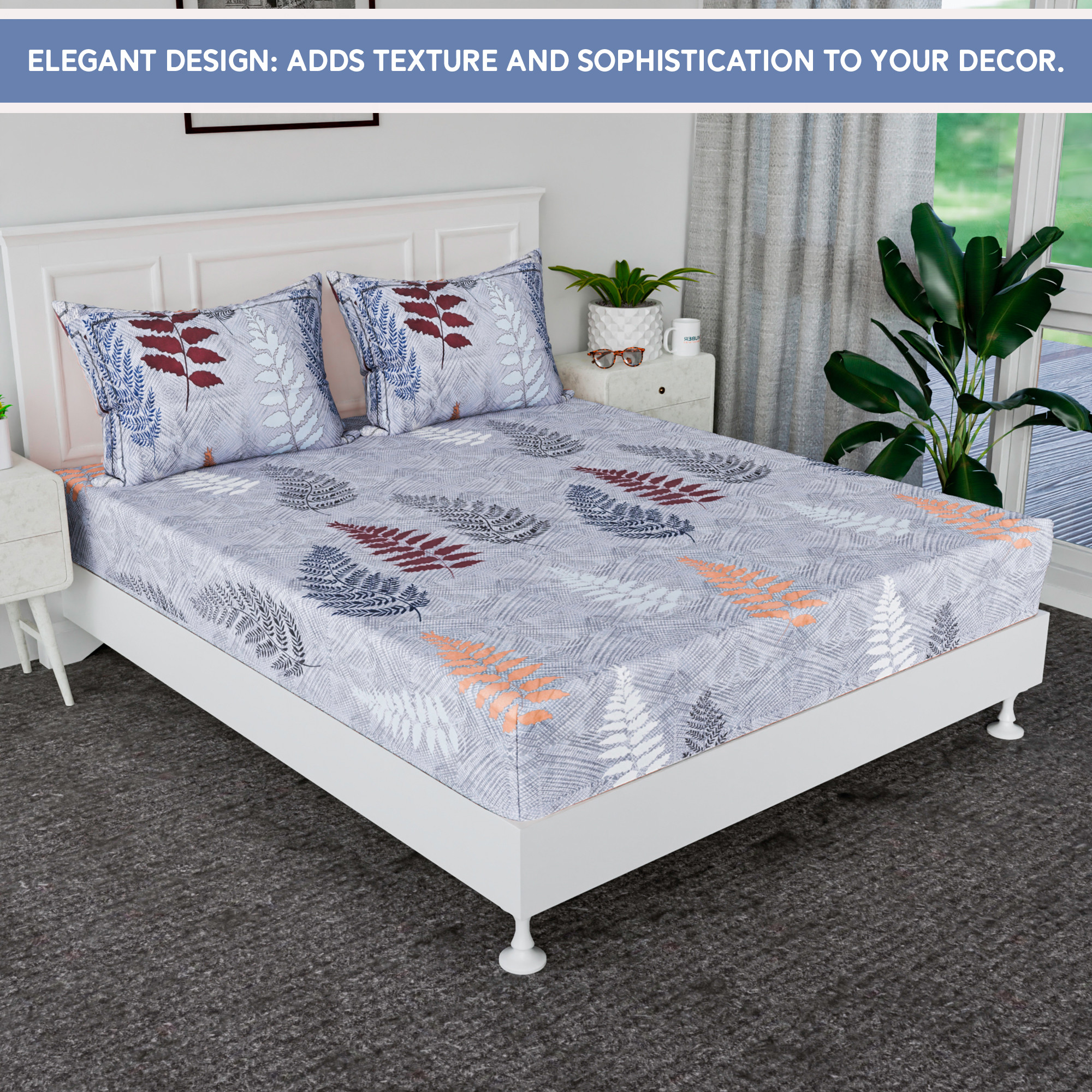 Kuber Industries 72x78 Inch Cotton Elastic Bedsheets for Double Bed with 2 Pillow Covers  Easy to Maintain Fitted Double Bedsheet Cotton for Daily Use  Leaf Design -Grey