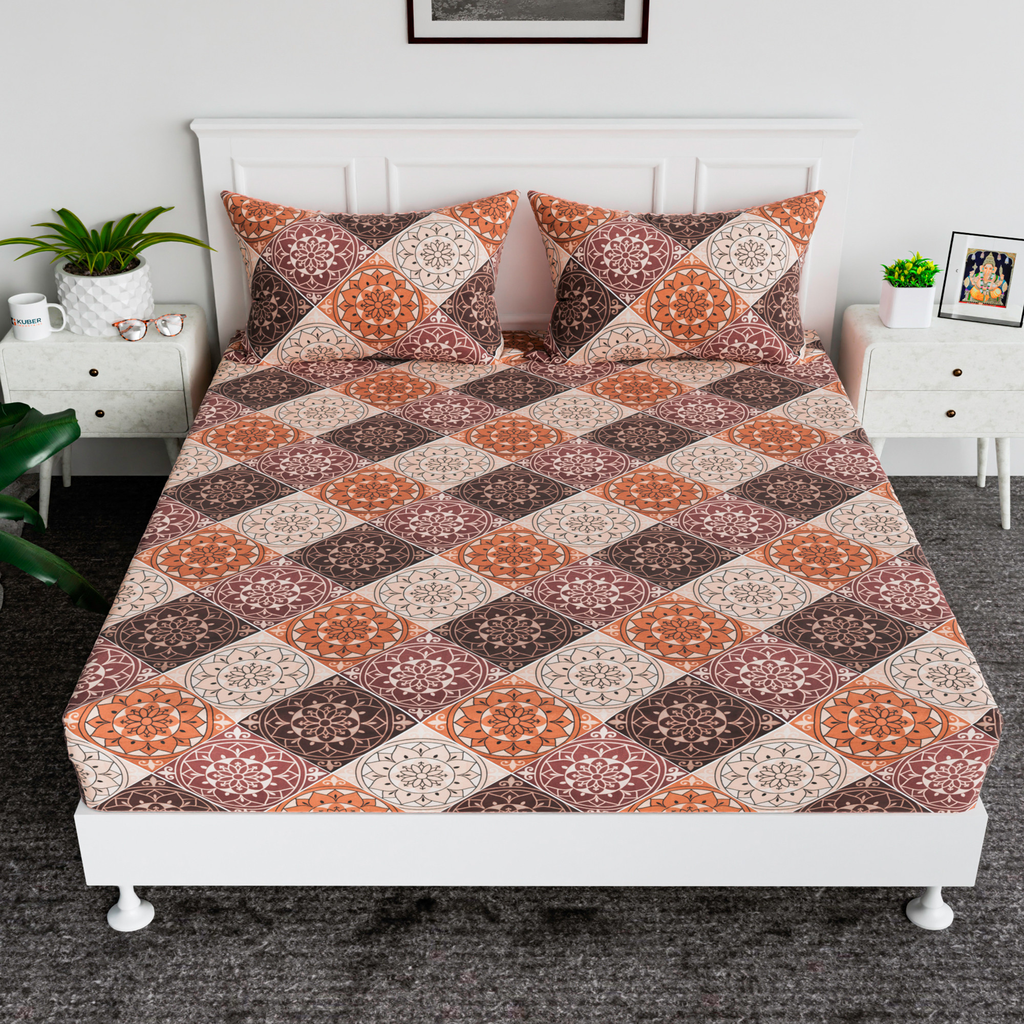 Kuber Industries 72x78 Inch Cotton Elastic Bedsheets for Double Bed with 2 Pillow Covers  Easy to Maintain Fitted Double Bedsheet Cotton for Daily Use  Rangoli Design - Brown