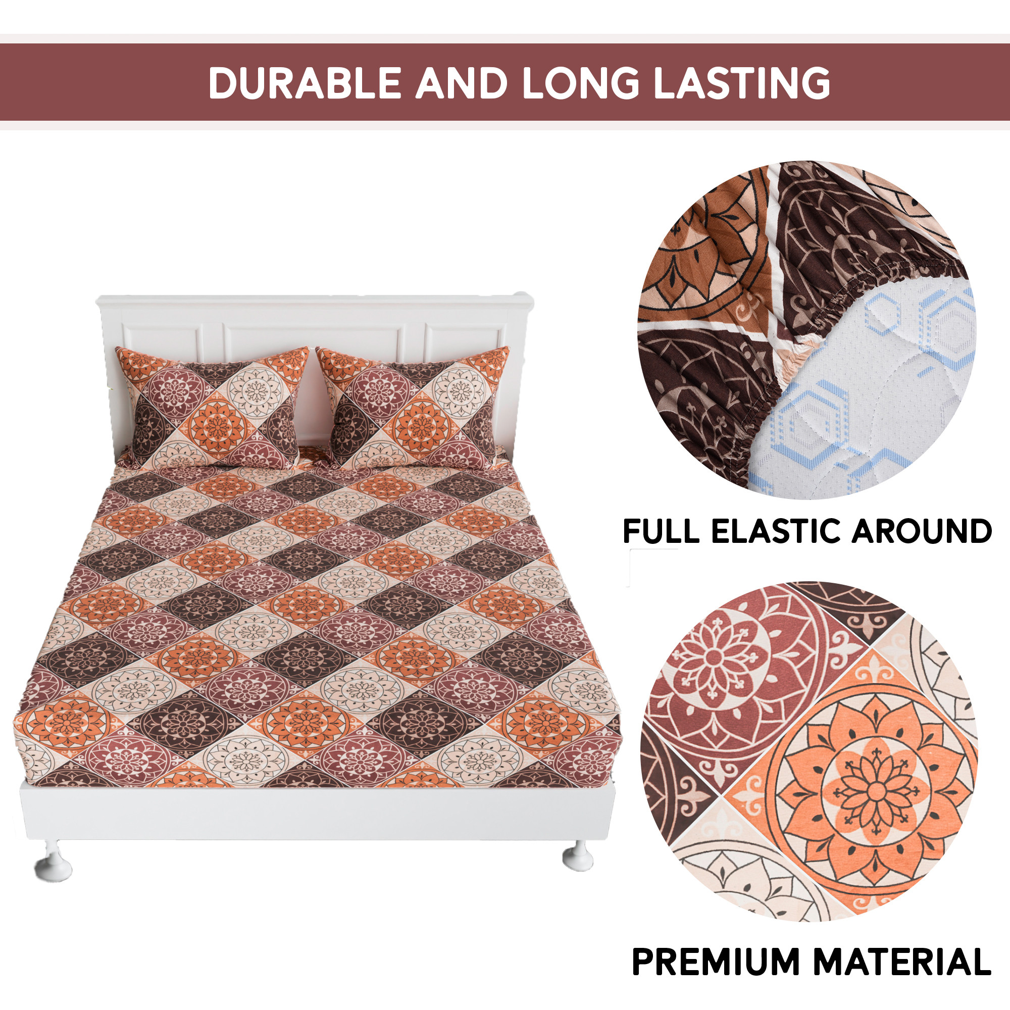 Kuber Industries 72x78 Inch Cotton Elastic Bedsheets for Double Bed with 2 Pillow Covers  Easy to Maintain Fitted Double Bedsheet Cotton for Daily Use  Rangoli Design - Brown