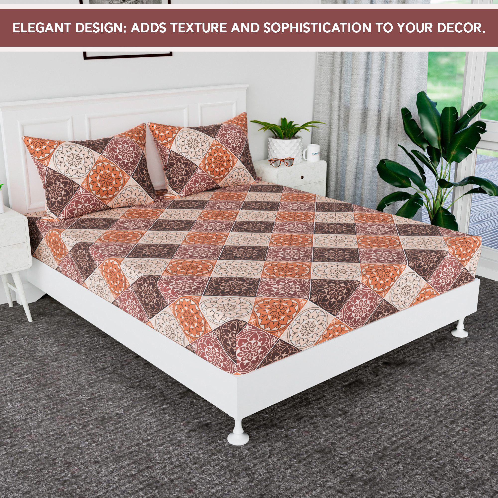 Kuber Industries 72x78 Inch Cotton Elastic Bedsheets for Double Bed with 2 Pillow Covers  Easy to Maintain Fitted Double Bedsheet Cotton for Daily Use  Rangoli Design - Brown