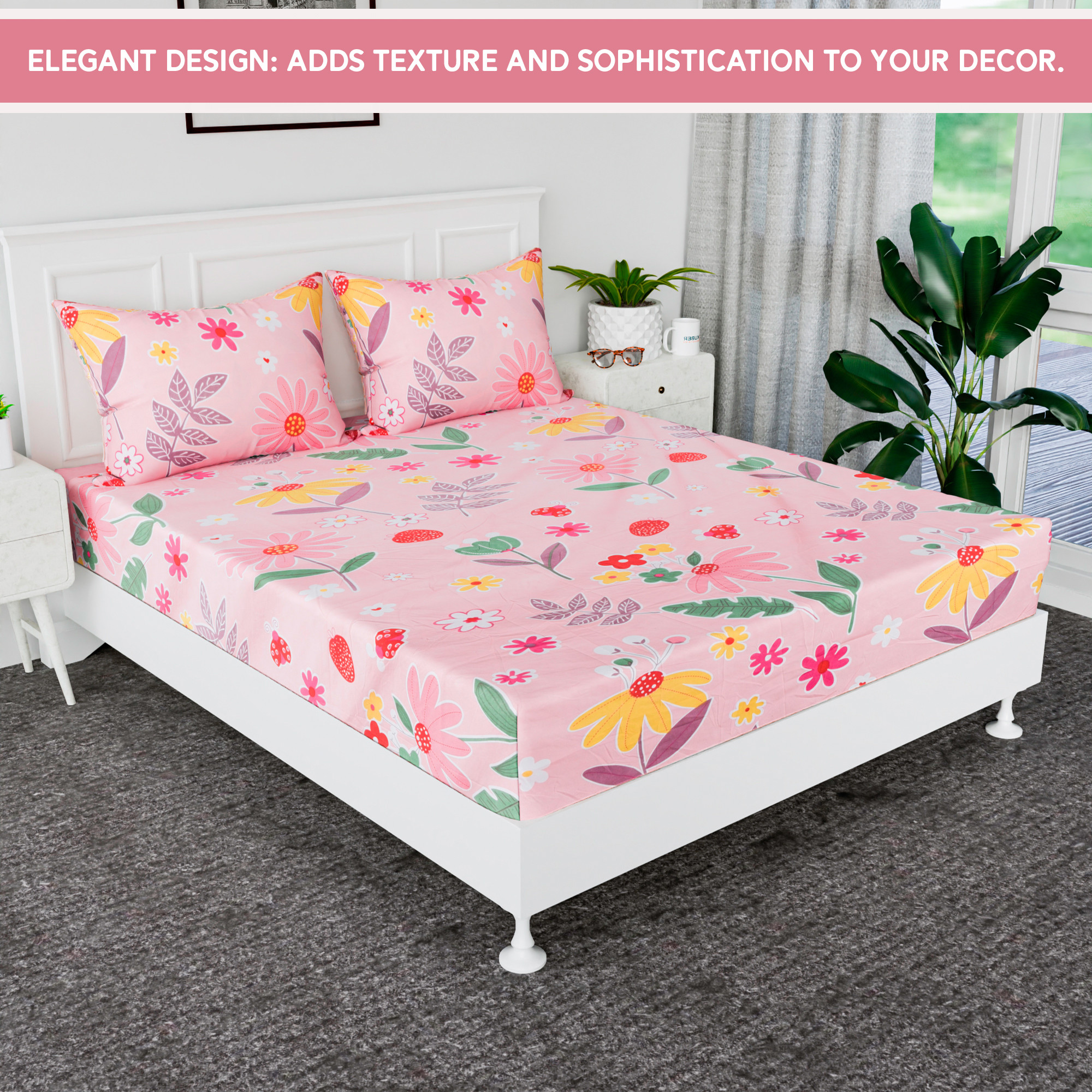 Kuber Industries 72x78 Inch Cotton Elastic Bedsheets for Double Bed with 2 Pillow Covers  Easy to Maintain Fitted Double Bedsheet Cotton for Daily Use  Flower  Leaves Design - Pink
