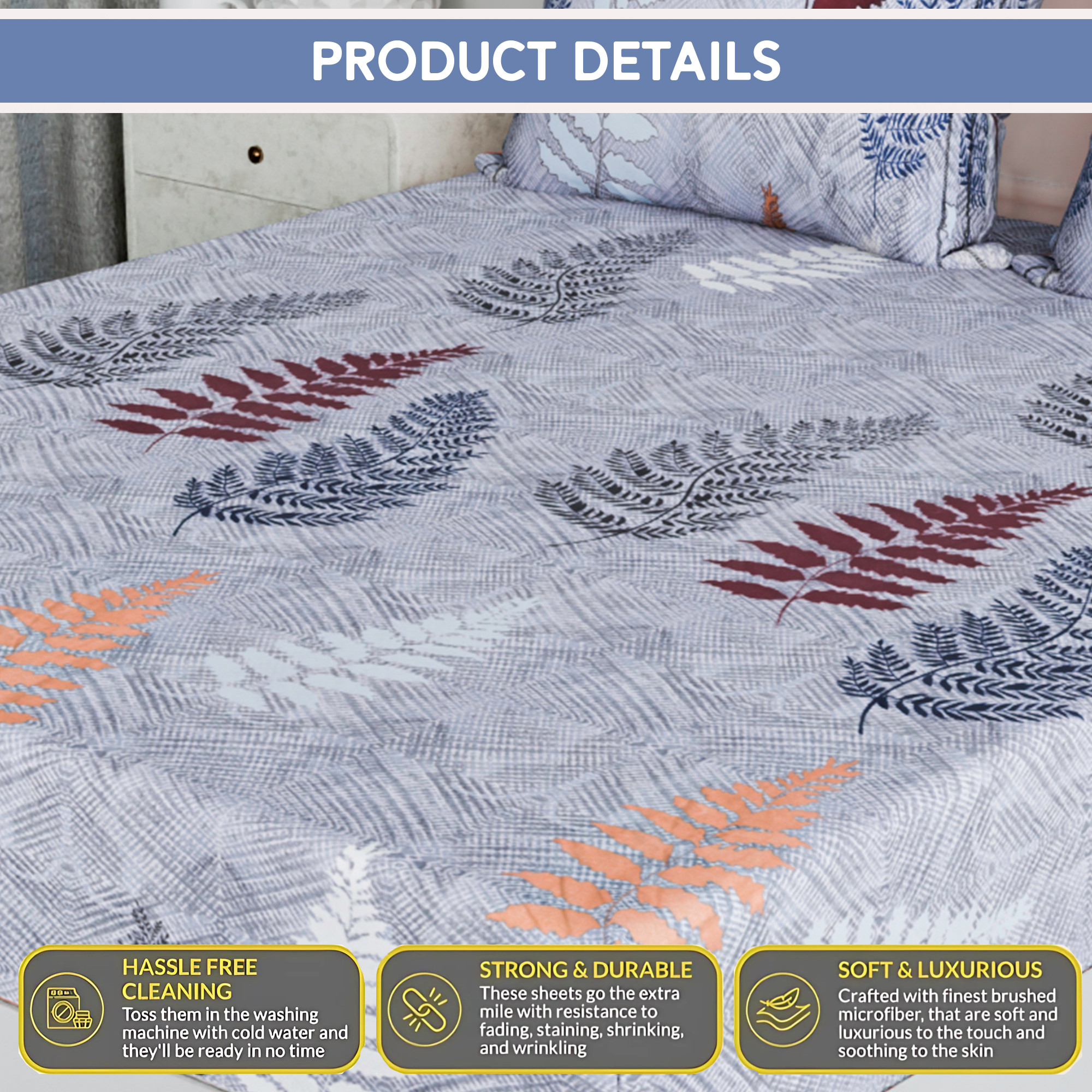 Kuber Industries 72x78 Inch Cotton Elastic Bedsheets for Double Bed with 2 Pillow Covers  Easy to Maintain Fitted Double Bedsheet Cotton for Daily Use  Leaf Design -Grey
