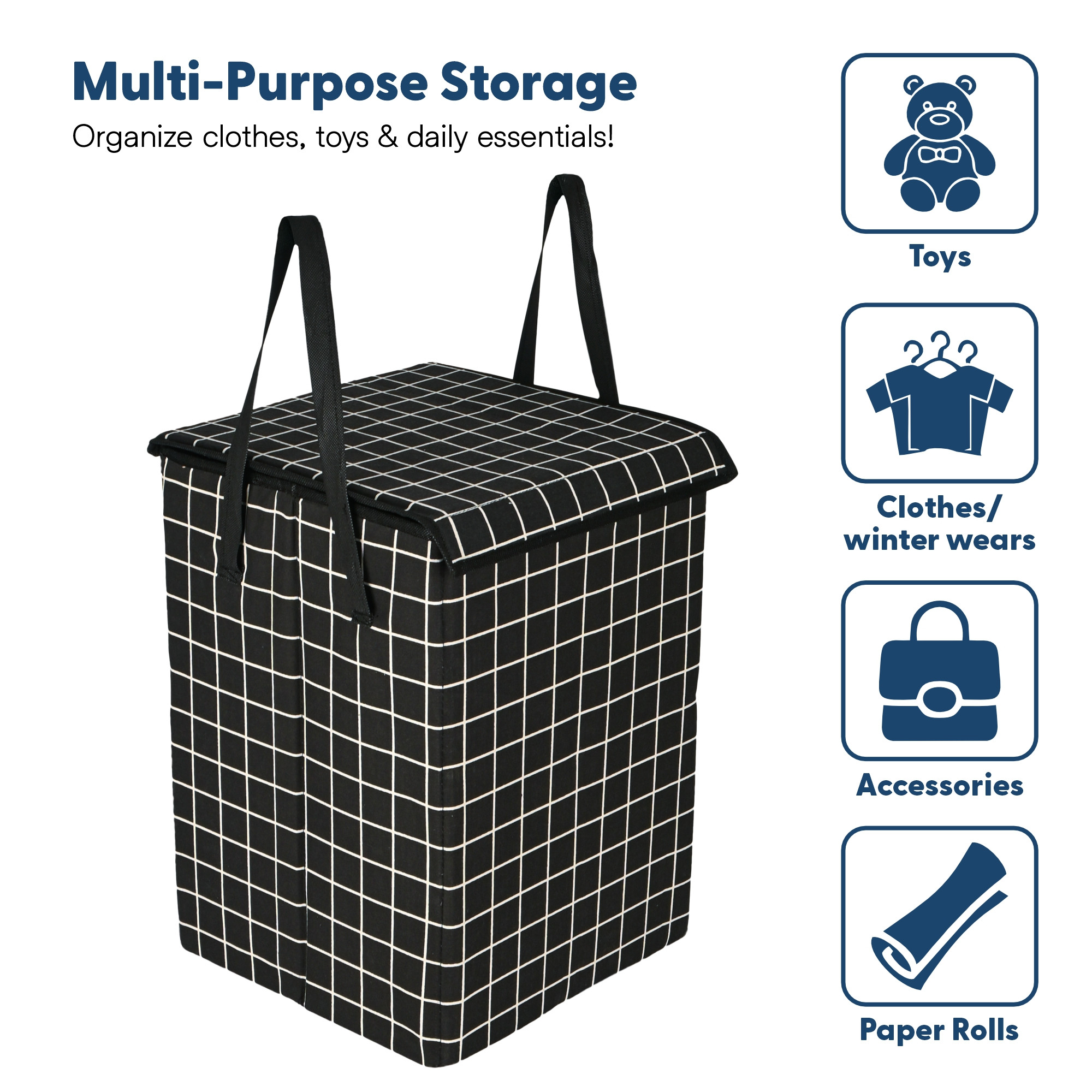 Kuber Industries 75 L Big Size Laundry Bag for Clothes  Foldable Laundry Basket for Clothes Storage with Lid  Dress Basket Perfect for Everyday Use Toys Bedroom  Checked Print  Black
