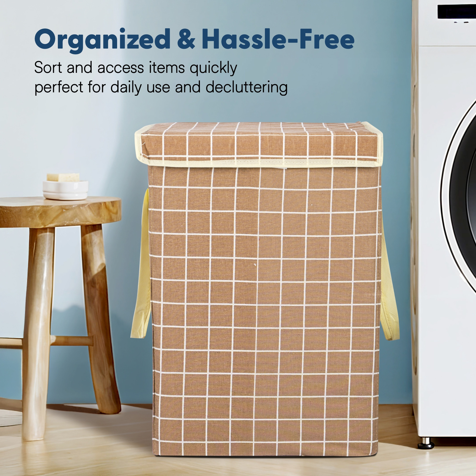 Kuber Industries 75 L Big Size Laundry Bag for Clothes  Foldable Laundry Basket for Clothes Storage with Lid  Dress Basket Perfect for Everyday Use Toys Bedroom  Checked Print  Brown