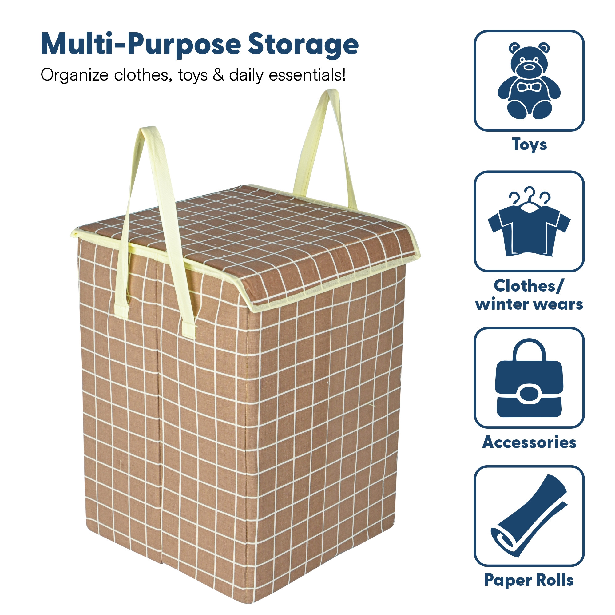 Kuber Industries 75 L Big Size Laundry Bag for Clothes  Foldable Laundry Basket for Clothes Storage with Lid  Dress Basket Perfect for Everyday Use Toys Bedroom  Checked Print  Brown