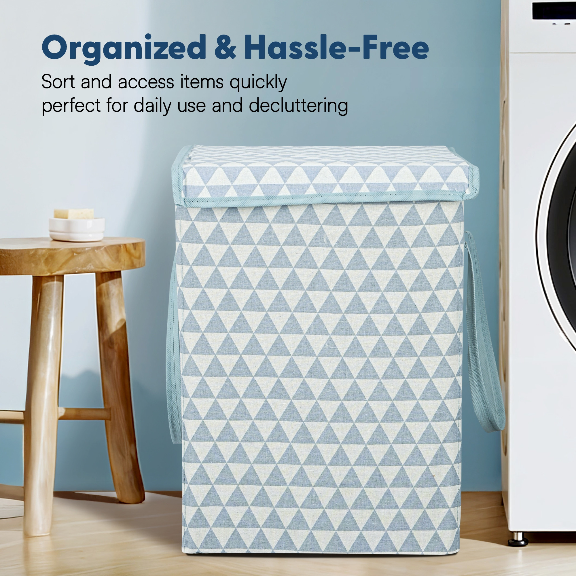 Kuber Industries 75 L Big Size Laundry Bag for Clothes  Foldable Laundry Basket for Clothes Storage with Lid  Dress Basket Perfect for Everyday Use Toys Bedroom  Triangular Print  Grey