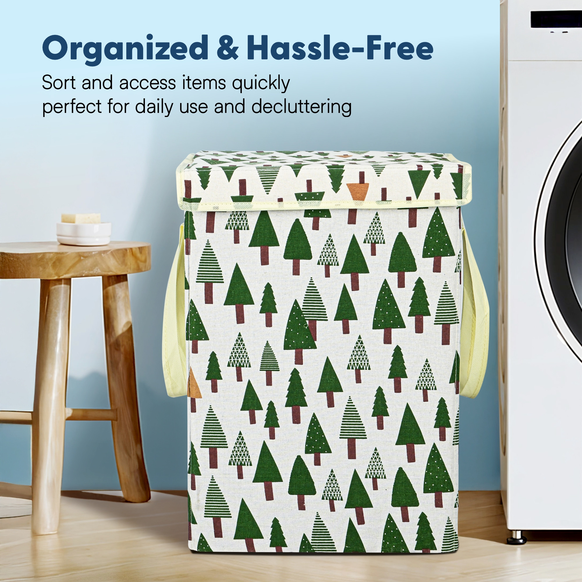 Kuber Industries 75 L Big Size Laundry Bag for Clothes  Foldable Laundry Basket for Clothes Storage with Lid  Dress Basket Perfect for Everyday Use Toys Bedroom  Tree Print  Green