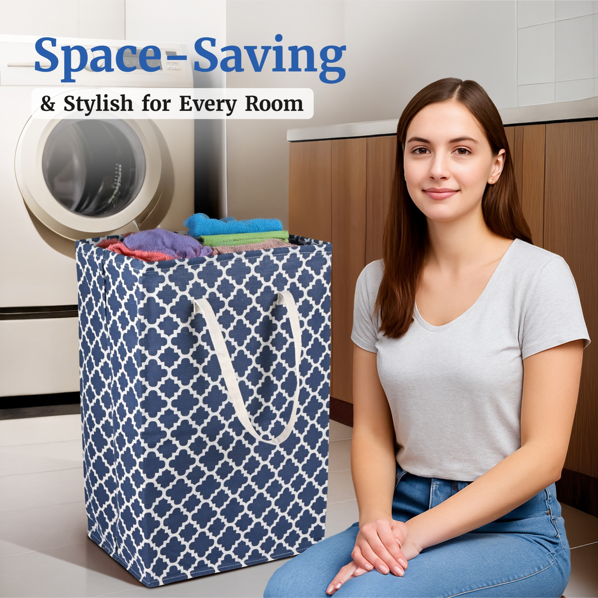 Kuber Industries 75 LTR Canvas Large Laundry Basket for Cloth with Handles  Multipurpose Clothes Storage Basket for Men Women  Kids  Star Print - Royal Blue