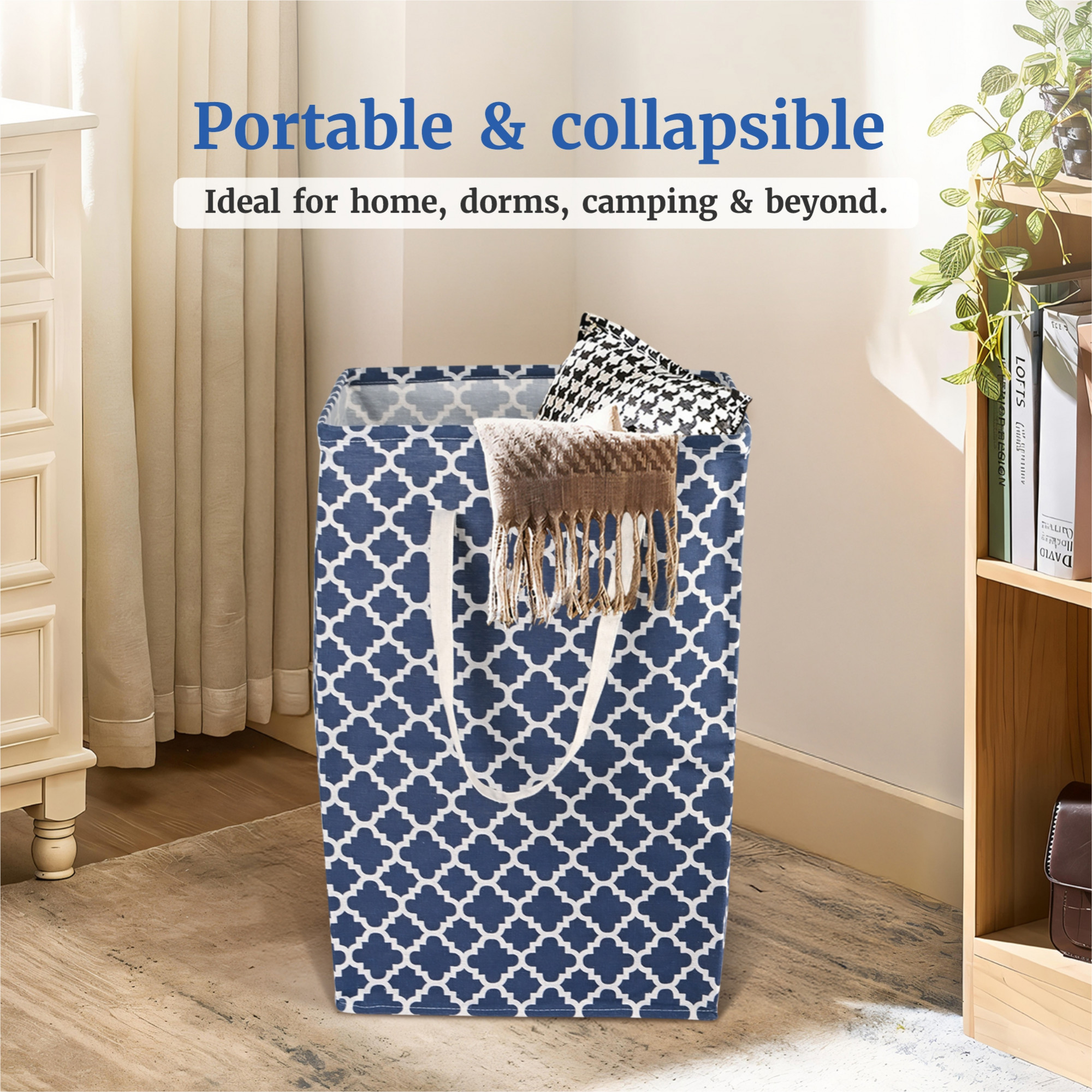 Kuber Industries 75 LTR Canvas Large Laundry Basket for Cloth with Handles  Multipurpose Clothes Storage Basket for Men Women  Kids  Star Print - Royal Blue