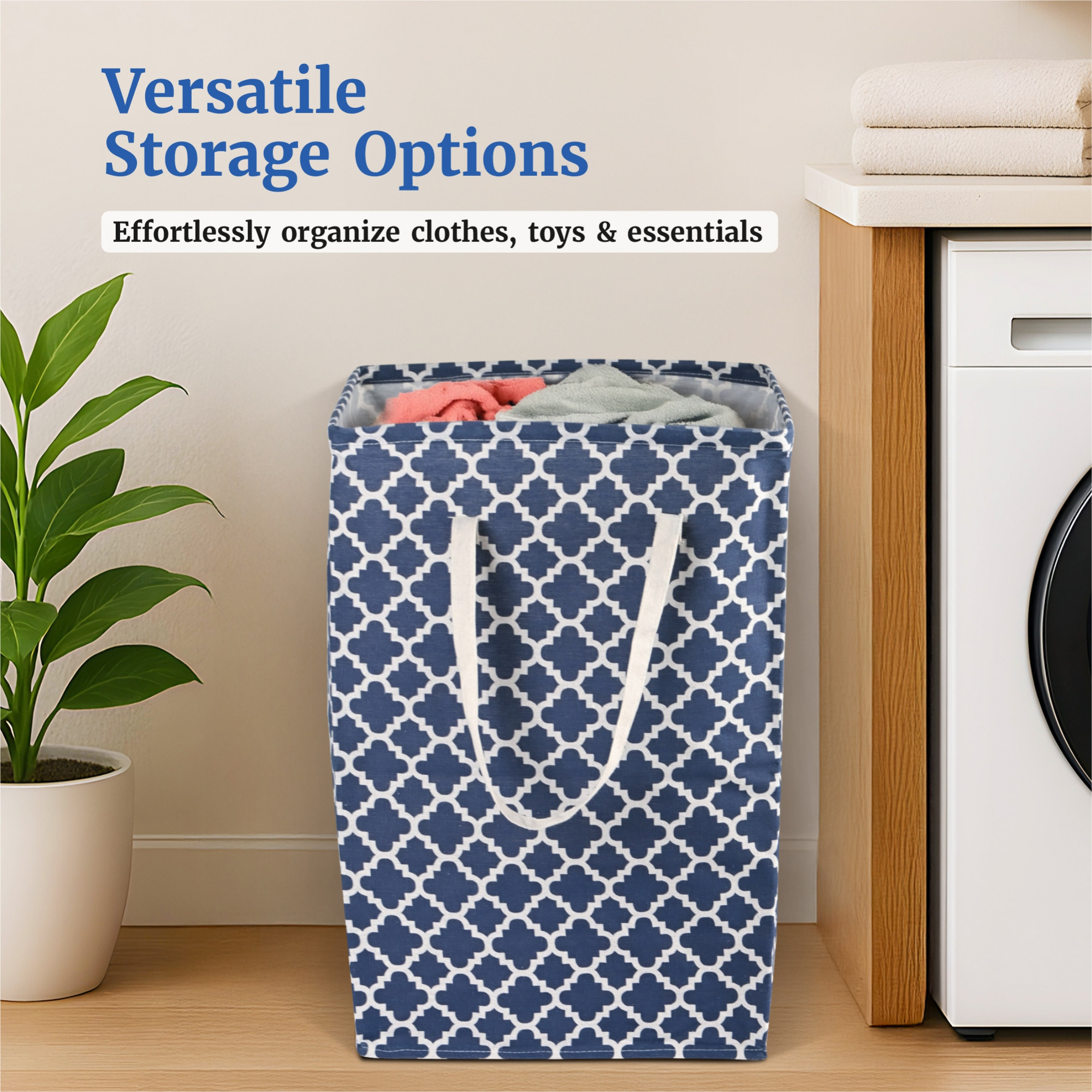 Kuber Industries 75 LTR Canvas Large Laundry Basket for Cloth with Handles  Multipurpose Clothes Storage Basket for Men Women  Kids  Star Print - Royal Blue