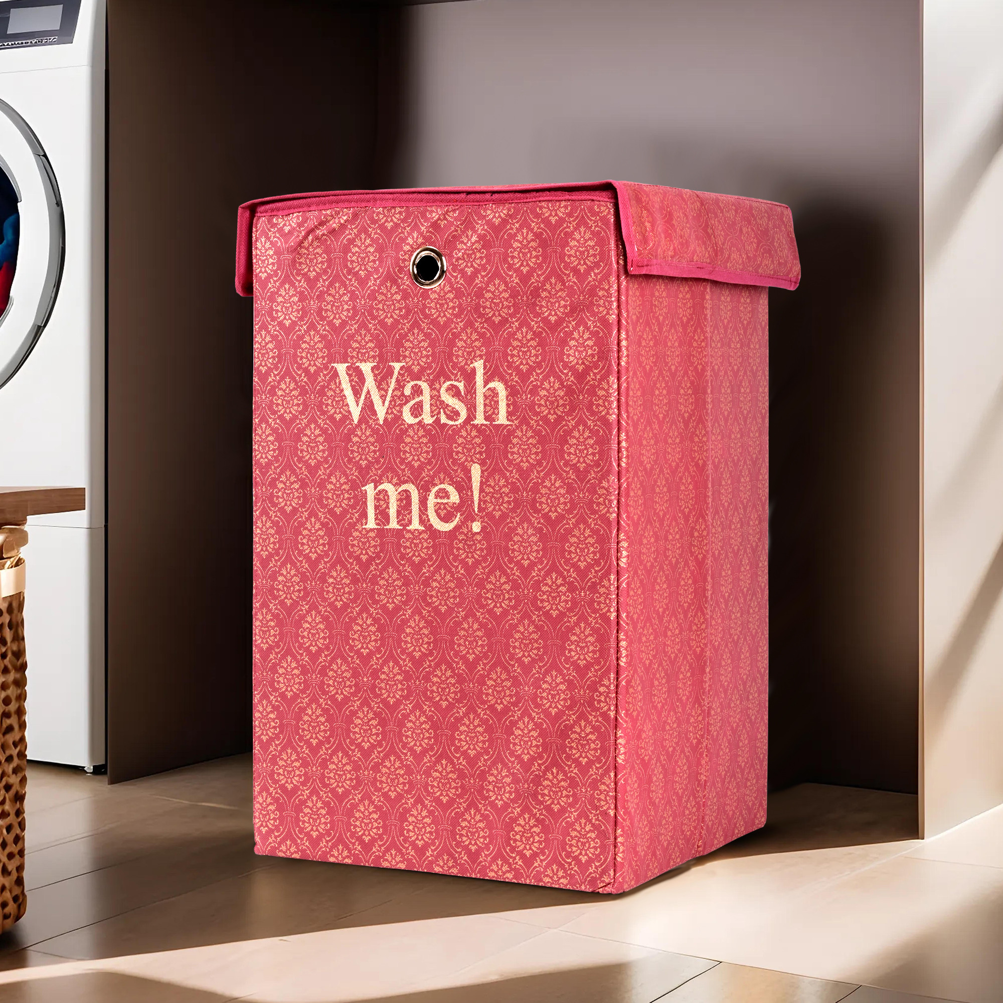 Kuber Industries 75L Foldable Laundry Basket for Clothes with Lid  Collapsible Kids Cloth Bin with Holder  Washing Clothes Storage Basket for Home  Golden Print -Maroon