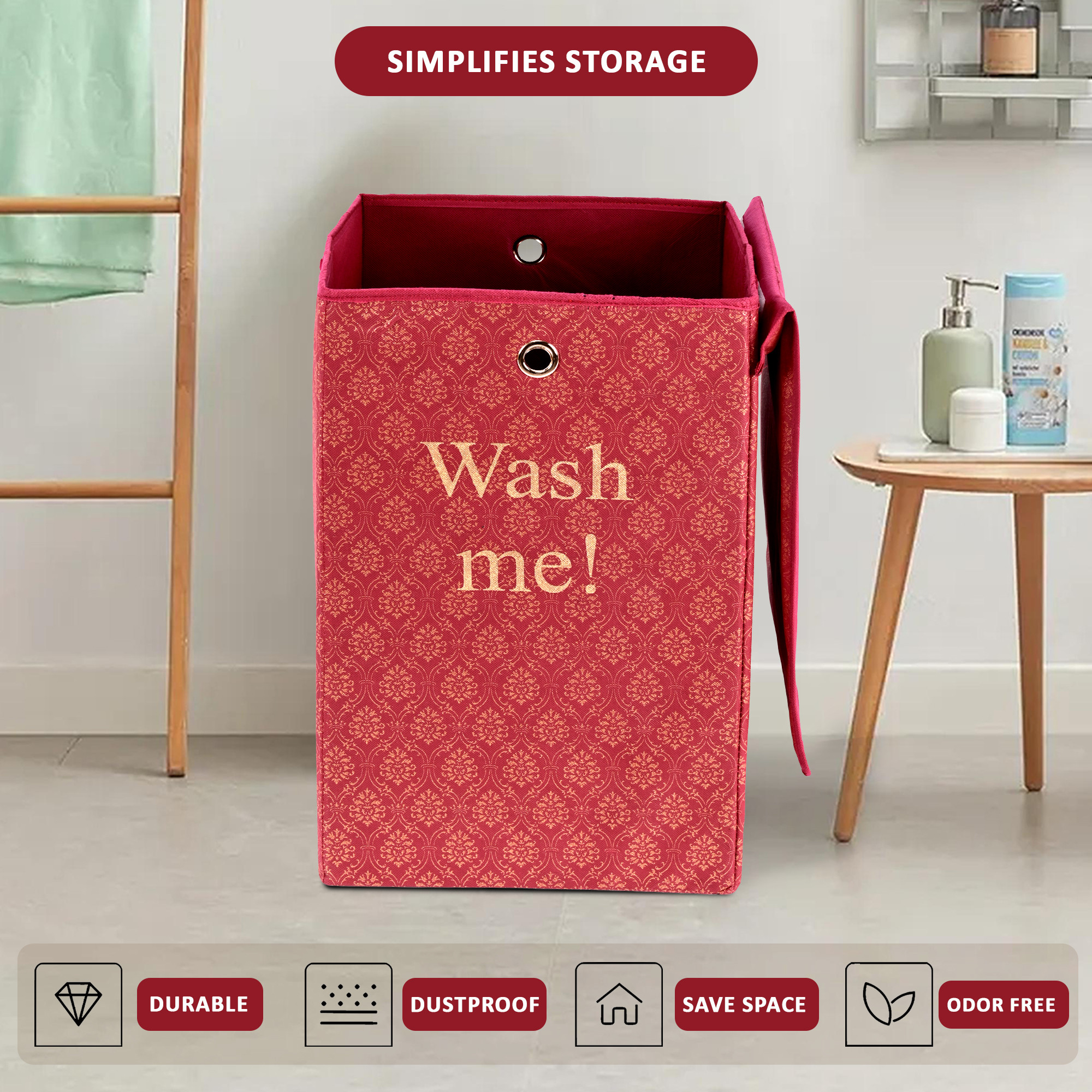 Kuber Industries 75L Foldable Laundry Basket for Clothes with Lid  Collapsible Kids Cloth Bin with Holder  Washing Clothes Storage Basket for Home  Golden Print -Maroon