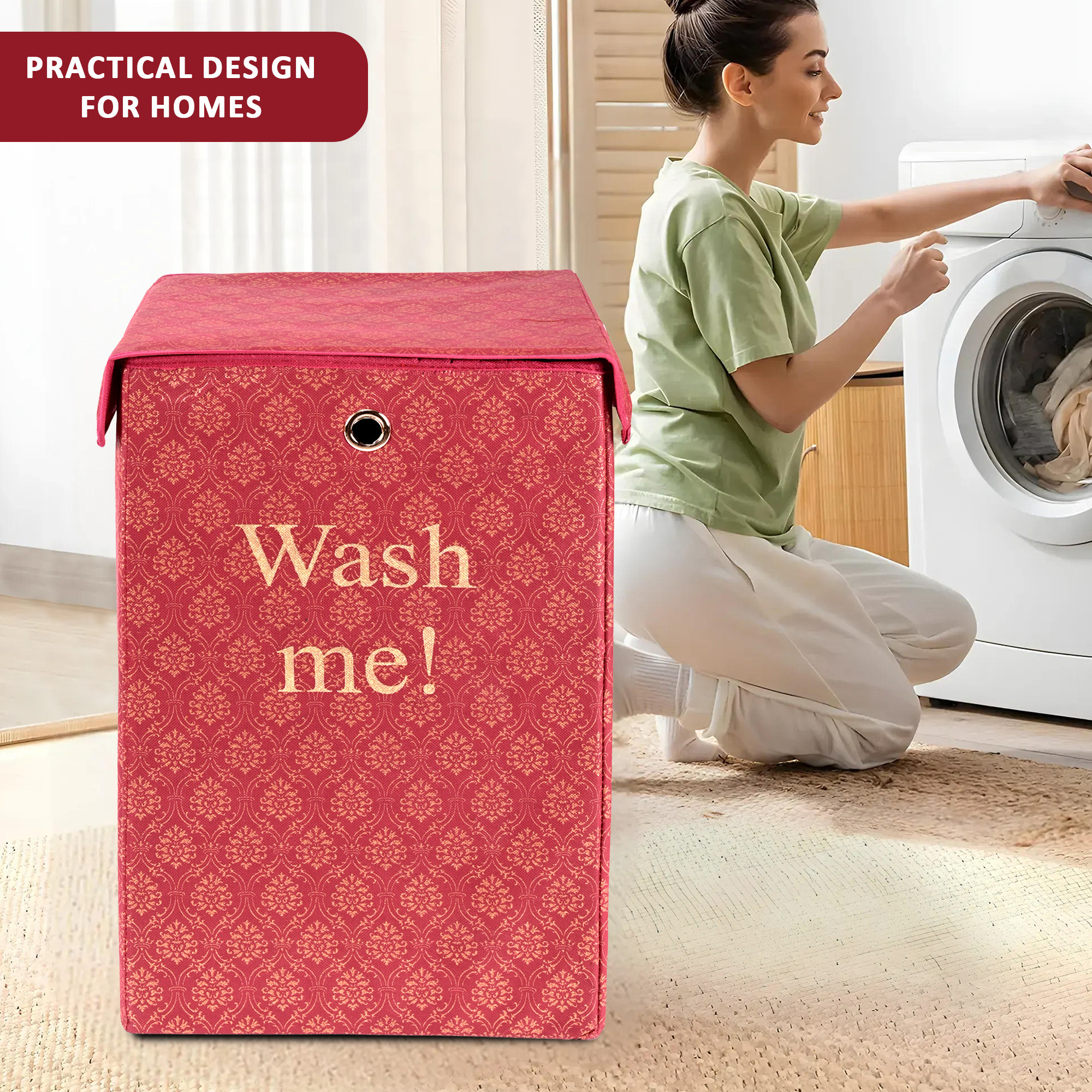 Kuber Industries 75L Foldable Laundry Basket for Clothes with Lid  Collapsible Kids Cloth Bin with Holder  Washing Clothes Storage Basket for Home  Golden Print -Maroon