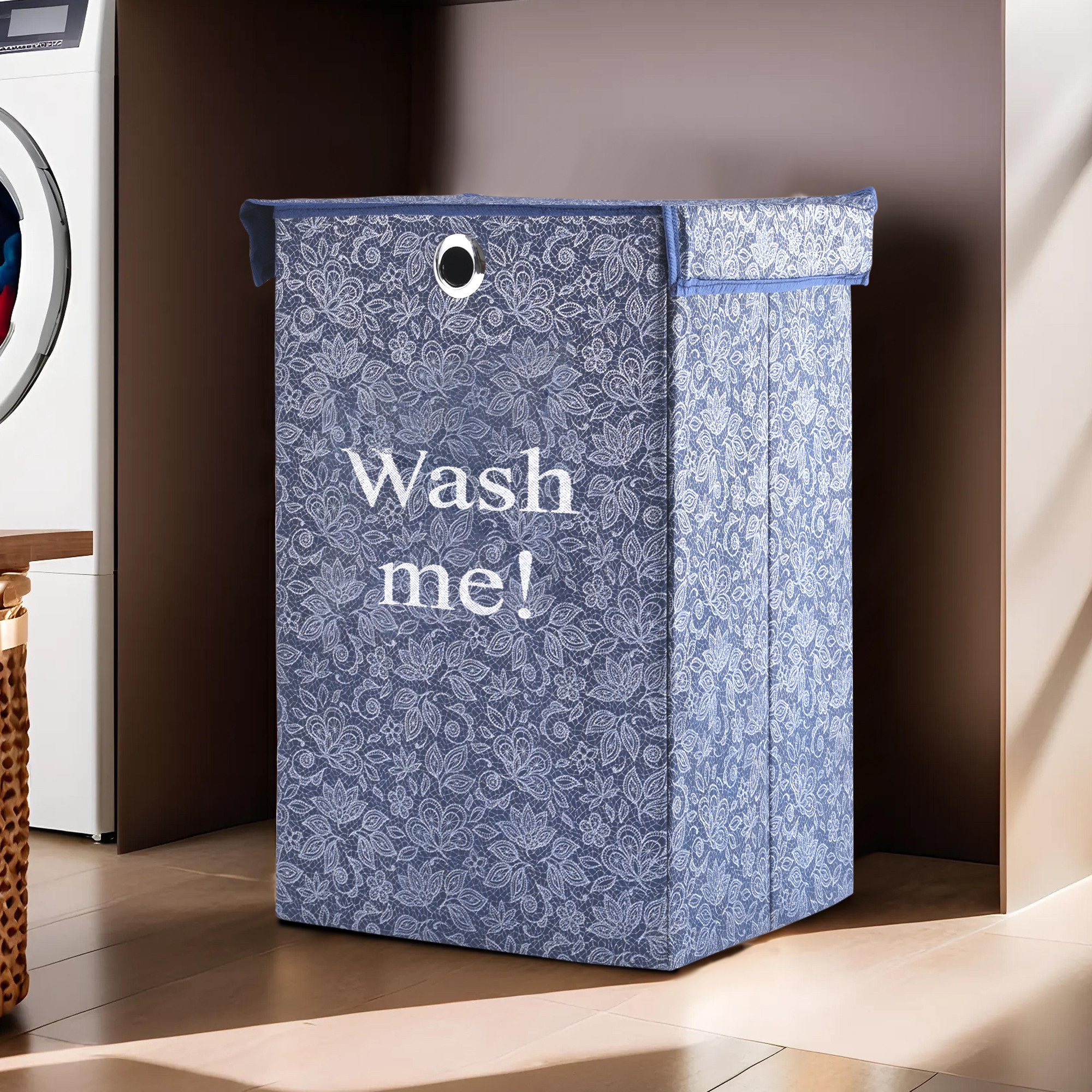 Kuber Industries 75L Foldable Laundry Basket for Clothes with Lid  Collapsible Kids Cloth Bin with Holder  Washing Clothes Storage Basket for Home  Flower Print -Navy Blue