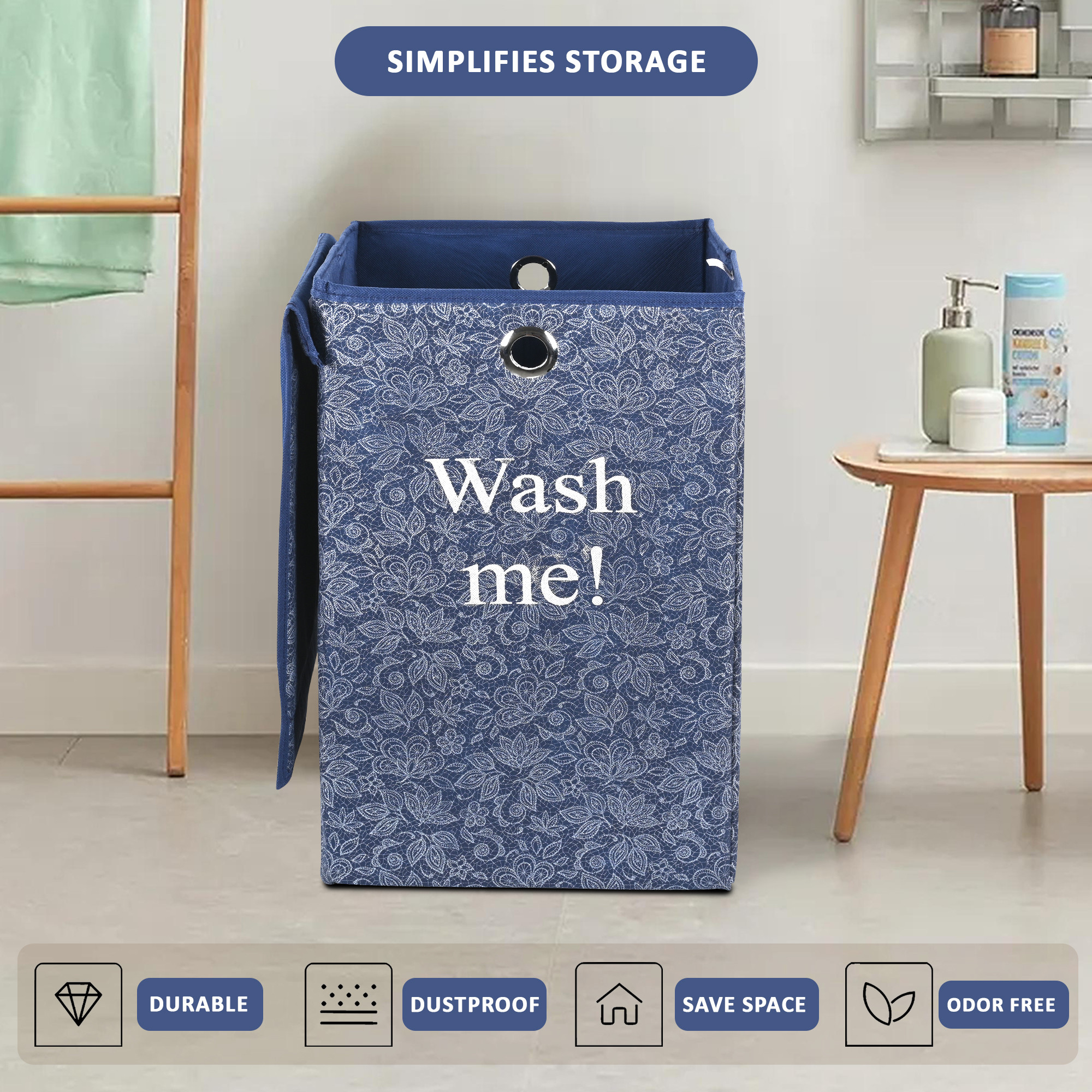 Kuber Industries 75L Foldable Laundry Basket for Clothes with Lid  Collapsible Kids Cloth Bin with Holder  Washing Clothes Storage Basket for Home  Flower Print -Navy Blue