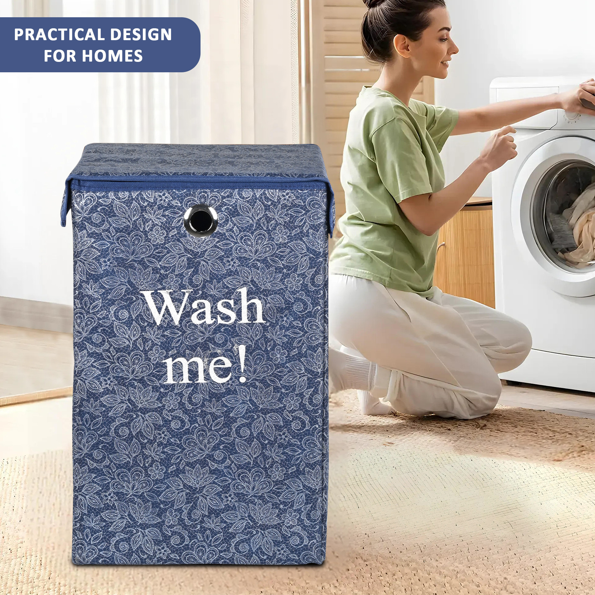 Kuber Industries 75L Foldable Laundry Basket for Clothes with Lid  Collapsible Kids Cloth Bin with Holder  Washing Clothes Storage Basket for Home  Flower Print -Navy Blue