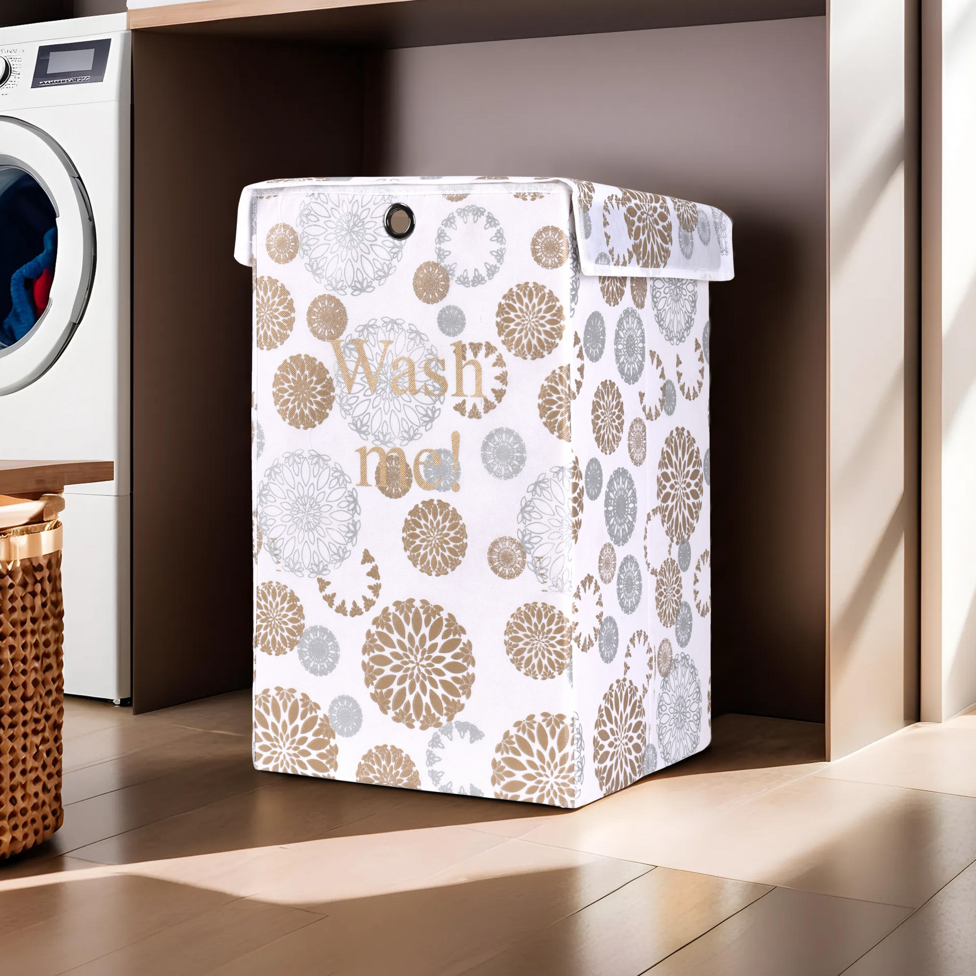 Kuber Industries 75L Foldable Laundry Basket for Clothes with Lid  Collapsible Kids Cloth Bin with Holder  Washing Clothes Storage Basket for Home  Gola Print -White