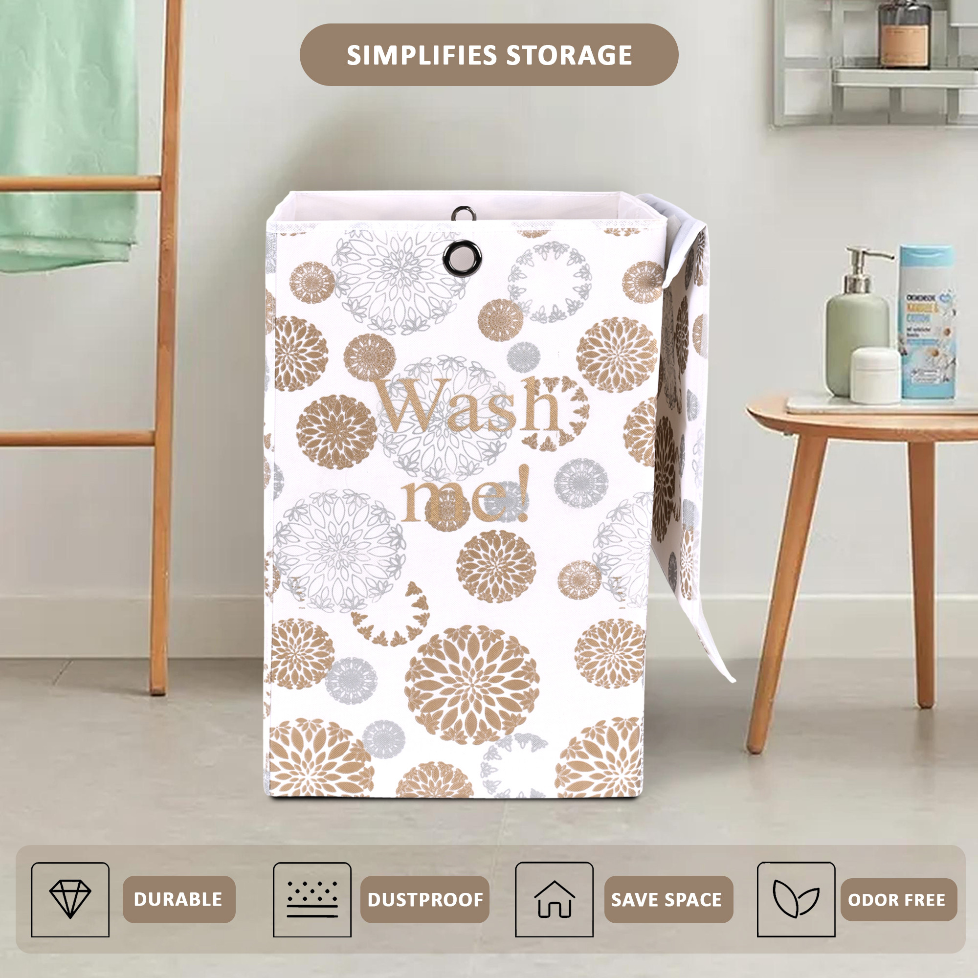 Kuber Industries 75L Foldable Laundry Basket for Clothes with Lid  Collapsible Kids Cloth Bin with Holder  Washing Clothes Storage Basket for Home  Gola Print -White