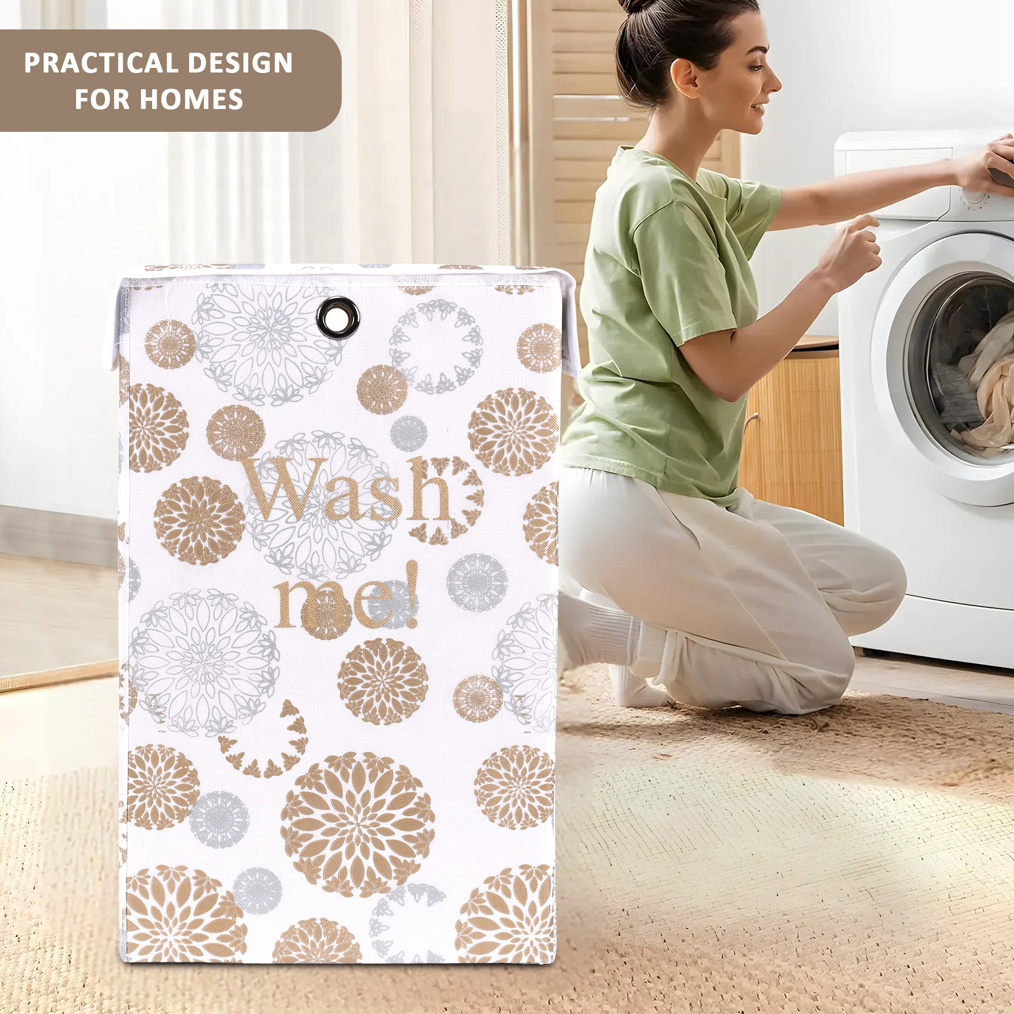 Kuber Industries 75L Foldable Laundry Basket for Clothes with Lid  Collapsible Kids Cloth Bin with Holder  Washing Clothes Storage Basket for Home  Gola Print -White