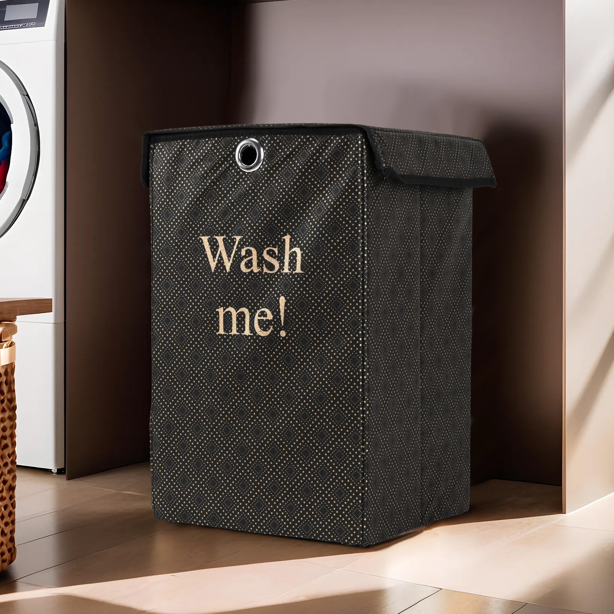 Kuber Industries 75L Foldable Laundry Basket for Clothes with Lid  Collapsible Kids Cloth Bin with Holder  Washing Clothes Storage Basket for Home  Golden Dots -Black