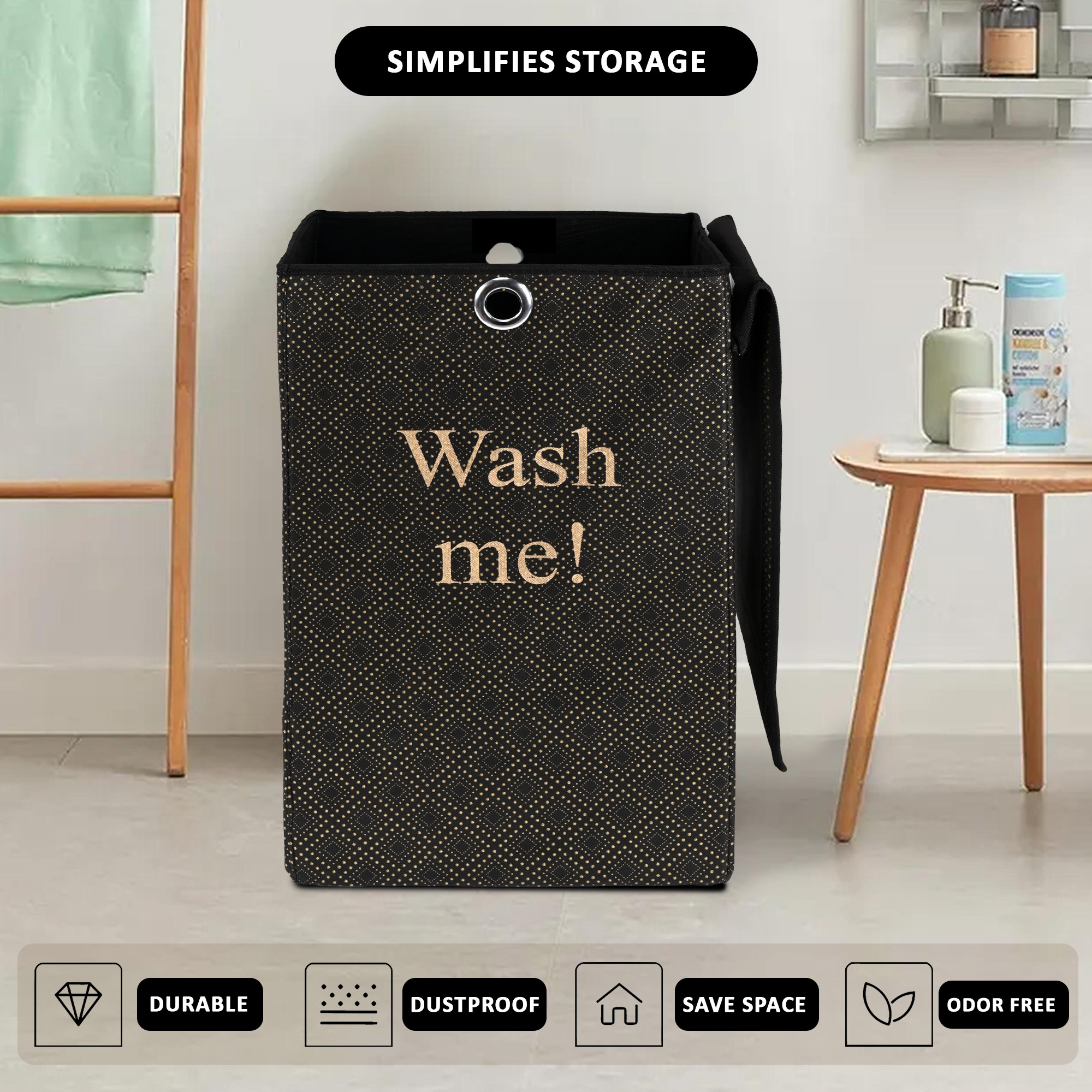 Kuber Industries 75L Foldable Laundry Basket for Clothes with Lid  Collapsible Kids Cloth Bin with Holder  Washing Clothes Storage Basket for Home  Golden Dots -Black