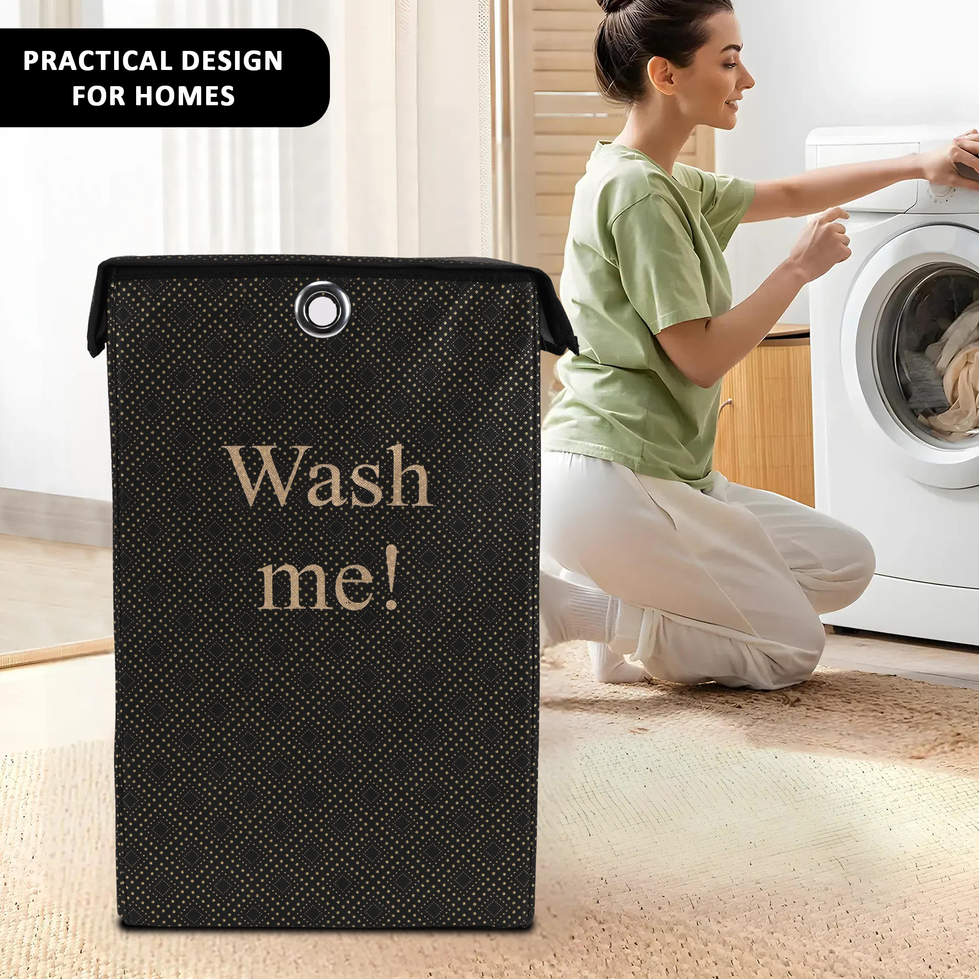 Kuber Industries 75L Foldable Laundry Basket for Clothes with Lid  Collapsible Kids Cloth Bin with Holder  Washing Clothes Storage Basket for Home  Golden Dots -Black