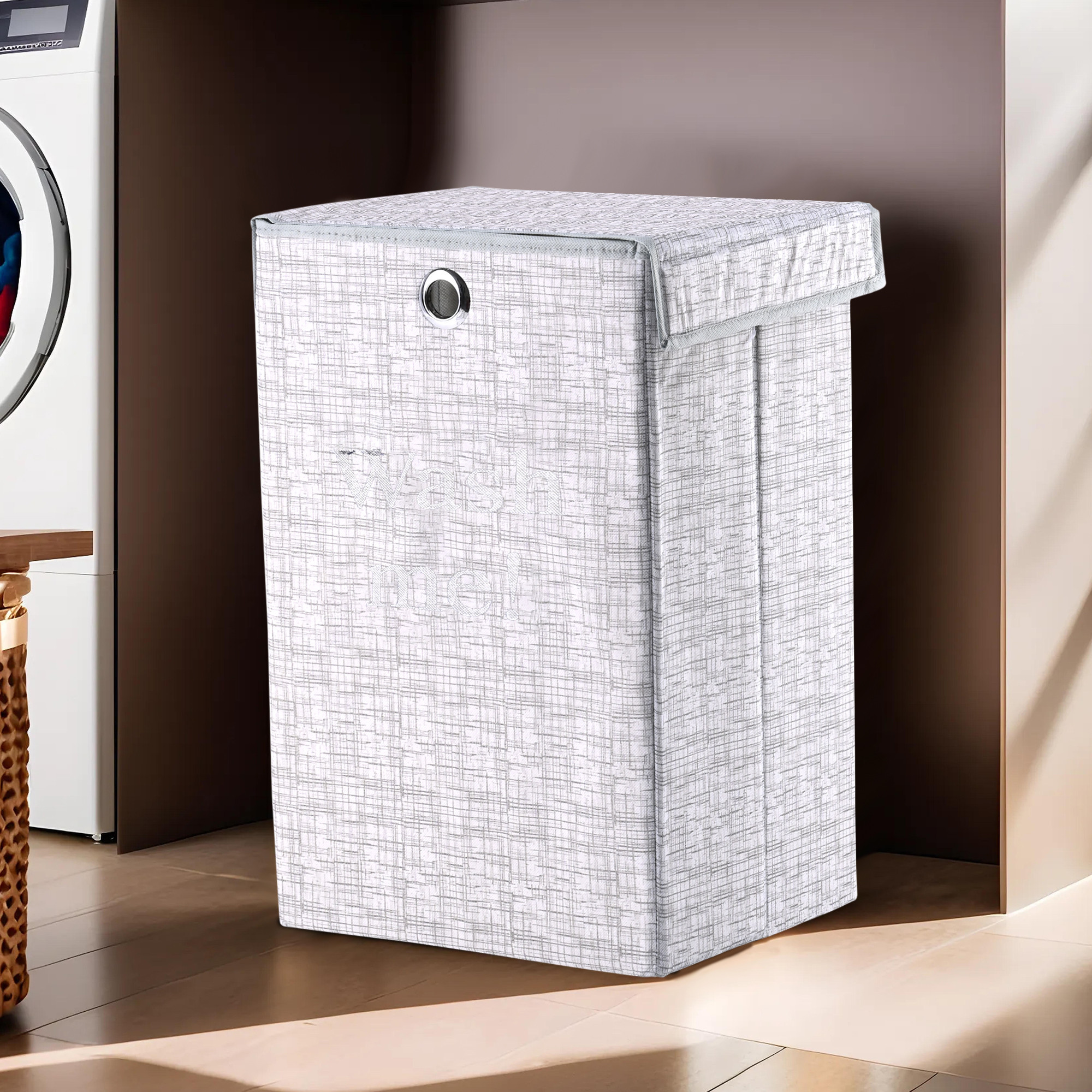 Kuber Industries 75L Foldable Laundry Basket for Clothes with Lid  Collapsible Kids Cloth Bin with Holder  Washing Clothes Storage Basket for Home  Jute Printed -Grey