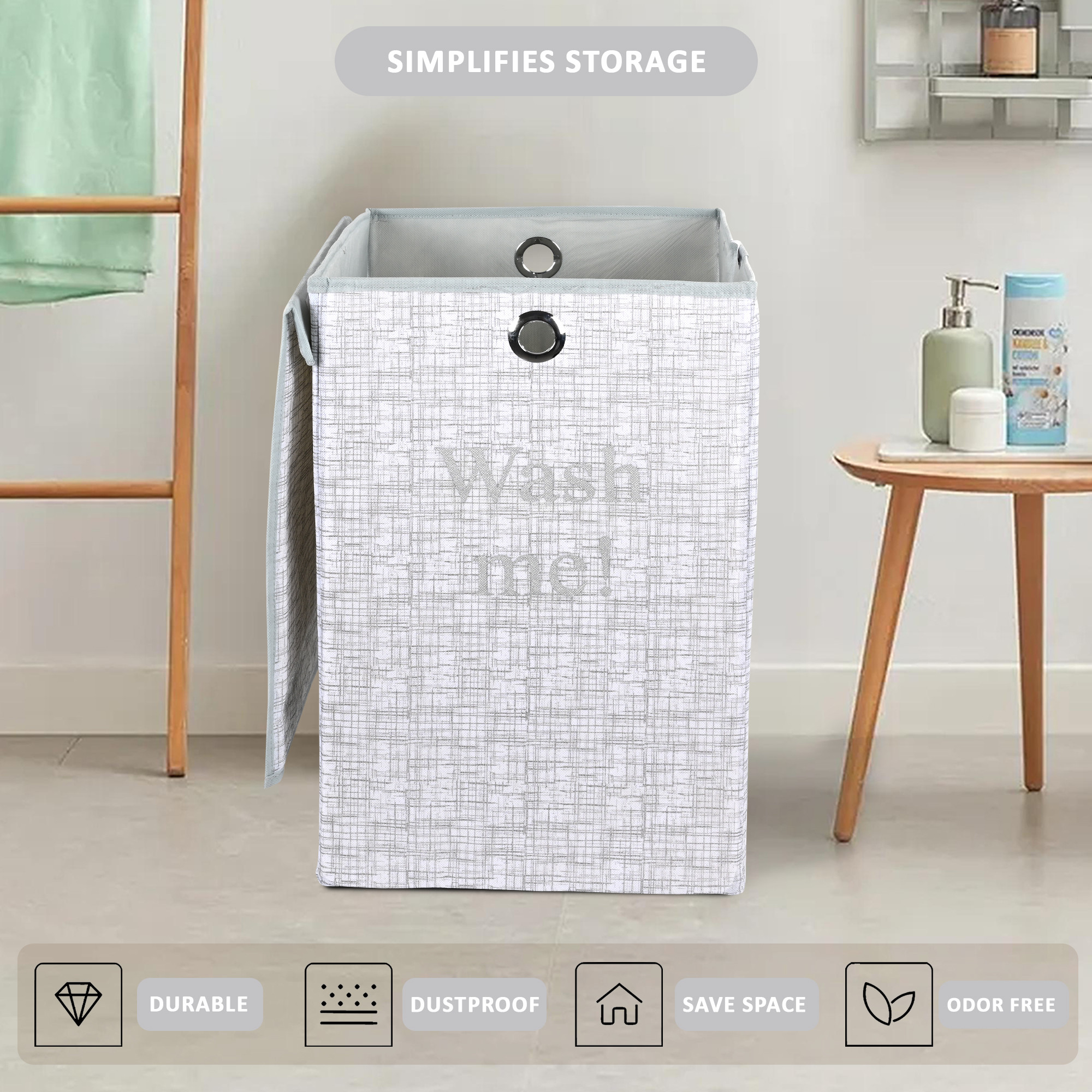 Kuber Industries 75L Foldable Laundry Basket for Clothes with Lid  Collapsible Kids Cloth Bin with Holder  Washing Clothes Storage Basket for Home  Jute Printed -Grey