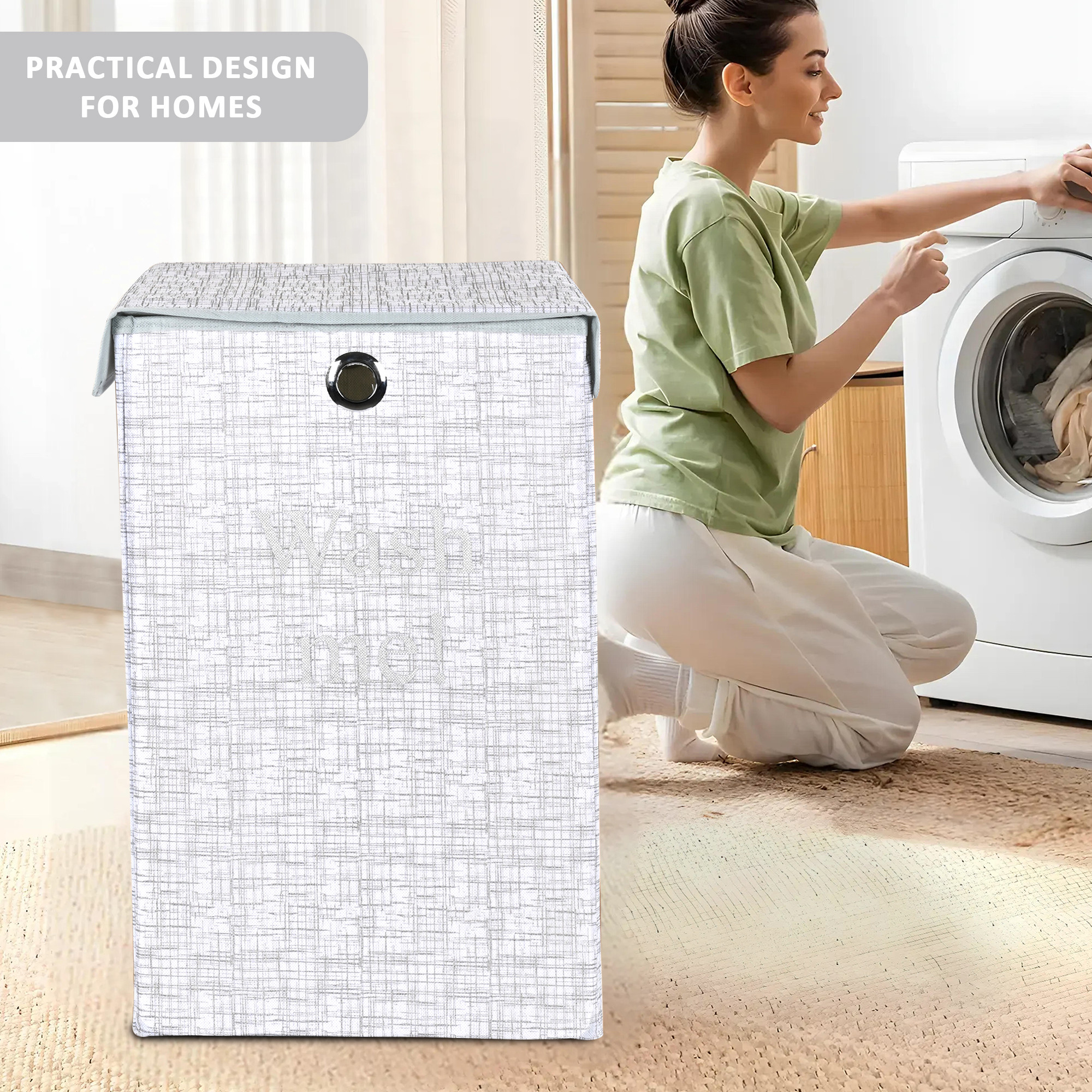 Kuber Industries 75L Foldable Laundry Basket for Clothes with Lid  Collapsible Kids Cloth Bin with Holder  Washing Clothes Storage Basket for Home  Jute Printed -Grey