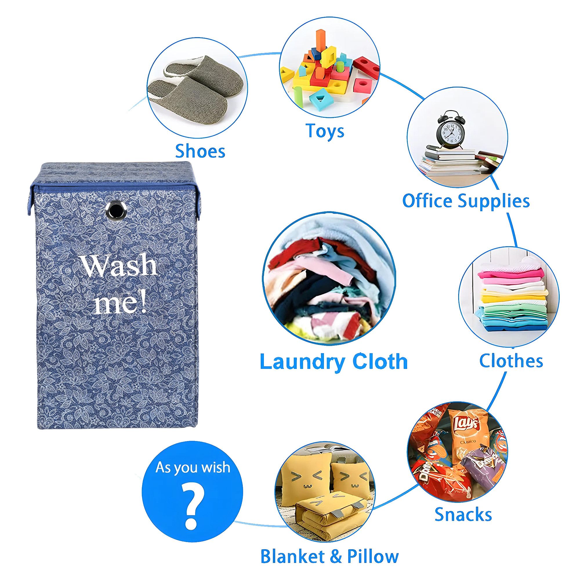 Kuber Industries 75L Foldable Laundry Basket for Clothes with Lid  Collapsible Kids Cloth Bin with Holder  Washing Clothes Storage Basket for Home  Flower Print -Navy Blue