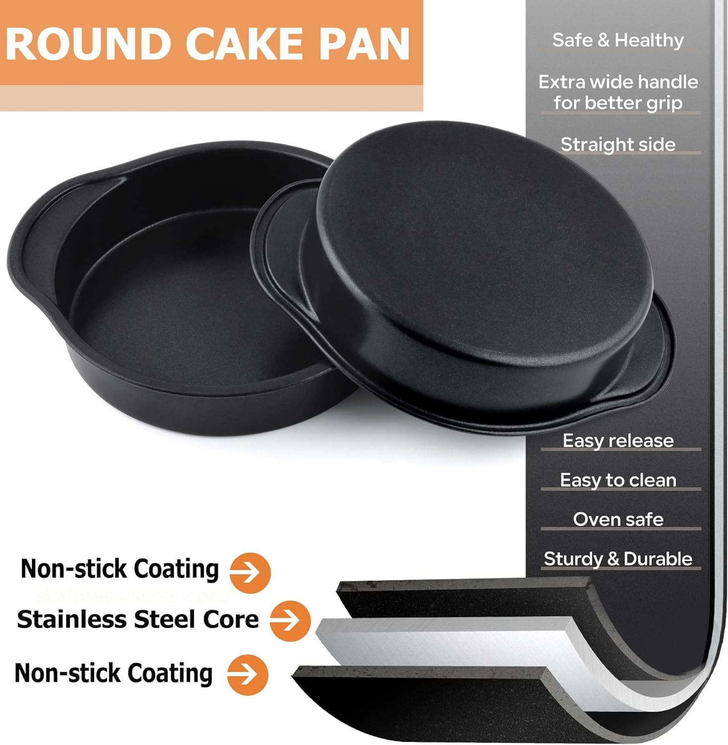 Kuber Industries 8 inch Non-Stick Cake Pan for Baking|Round Shape Cake Baking Mold|Side Handles (Black)