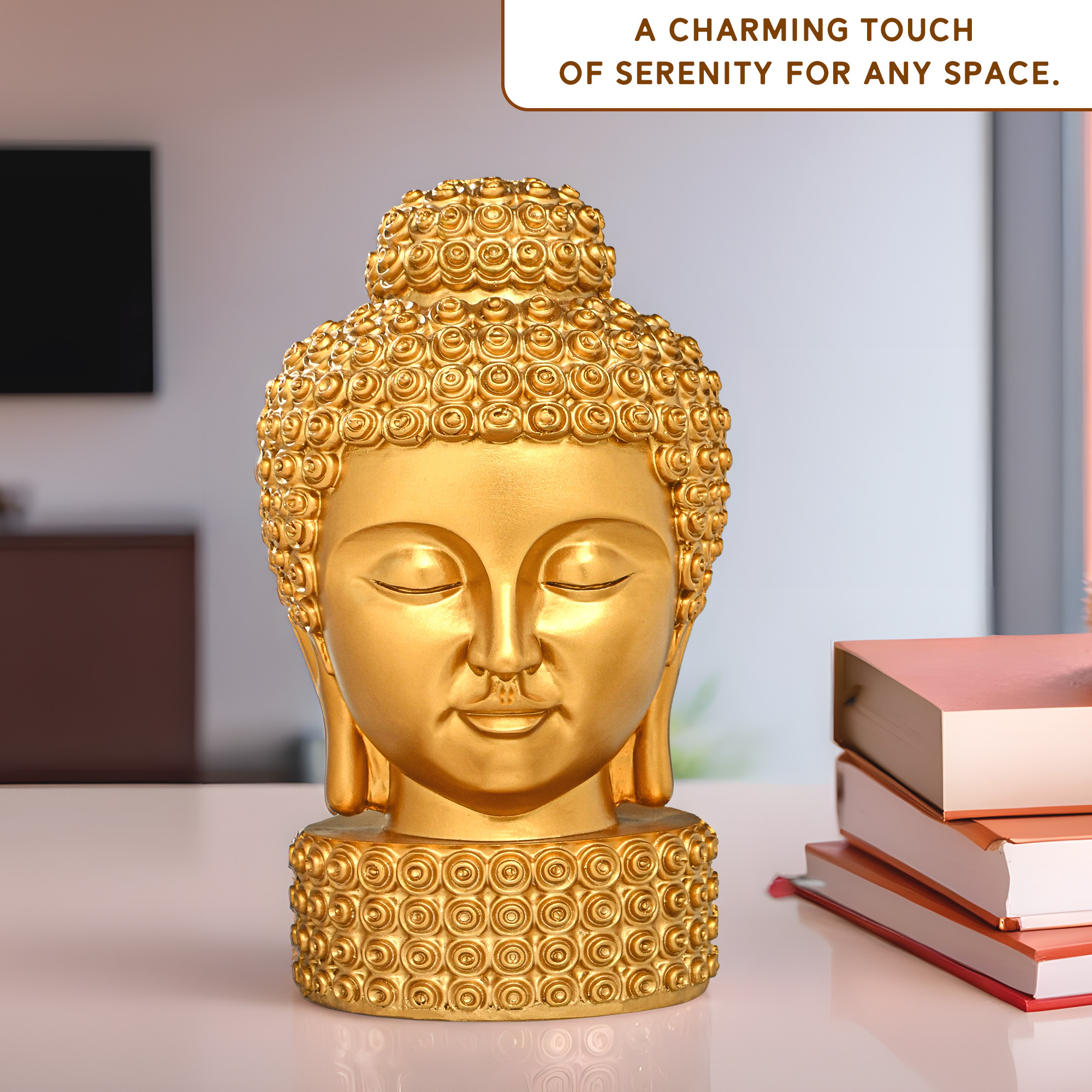 Kuber Industries 8 Inch Resin Buddha Idols for Home Decor  Head Idol Gautam Buddha Statue Figurines  Table Decoration Items For Living Room and Office  Golden