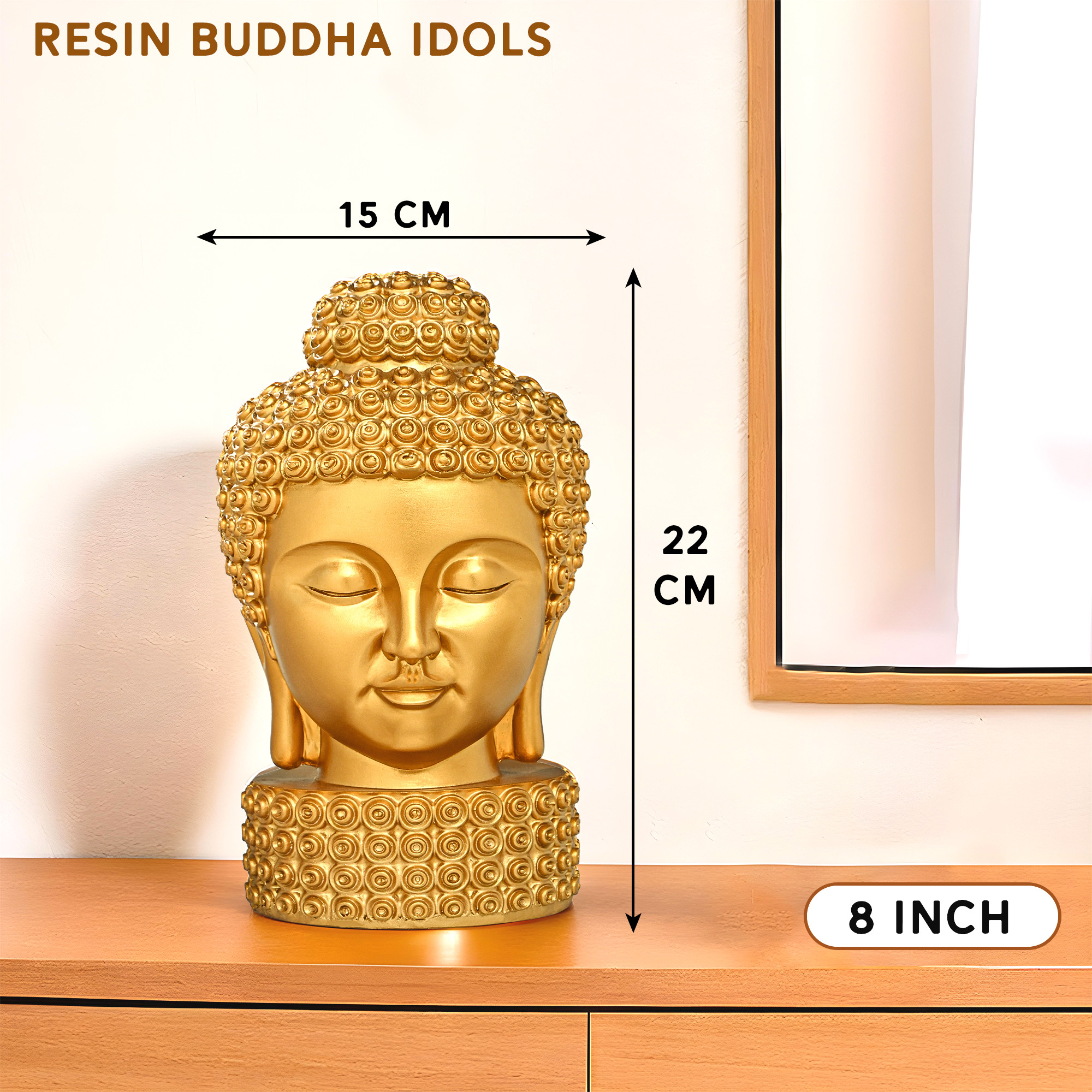 Kuber Industries 8 Inch Resin Buddha Idols for Home Decor  Head Idol Gautam Buddha Statue Figurines  Table Decoration Items For Living Room and Office  Golden