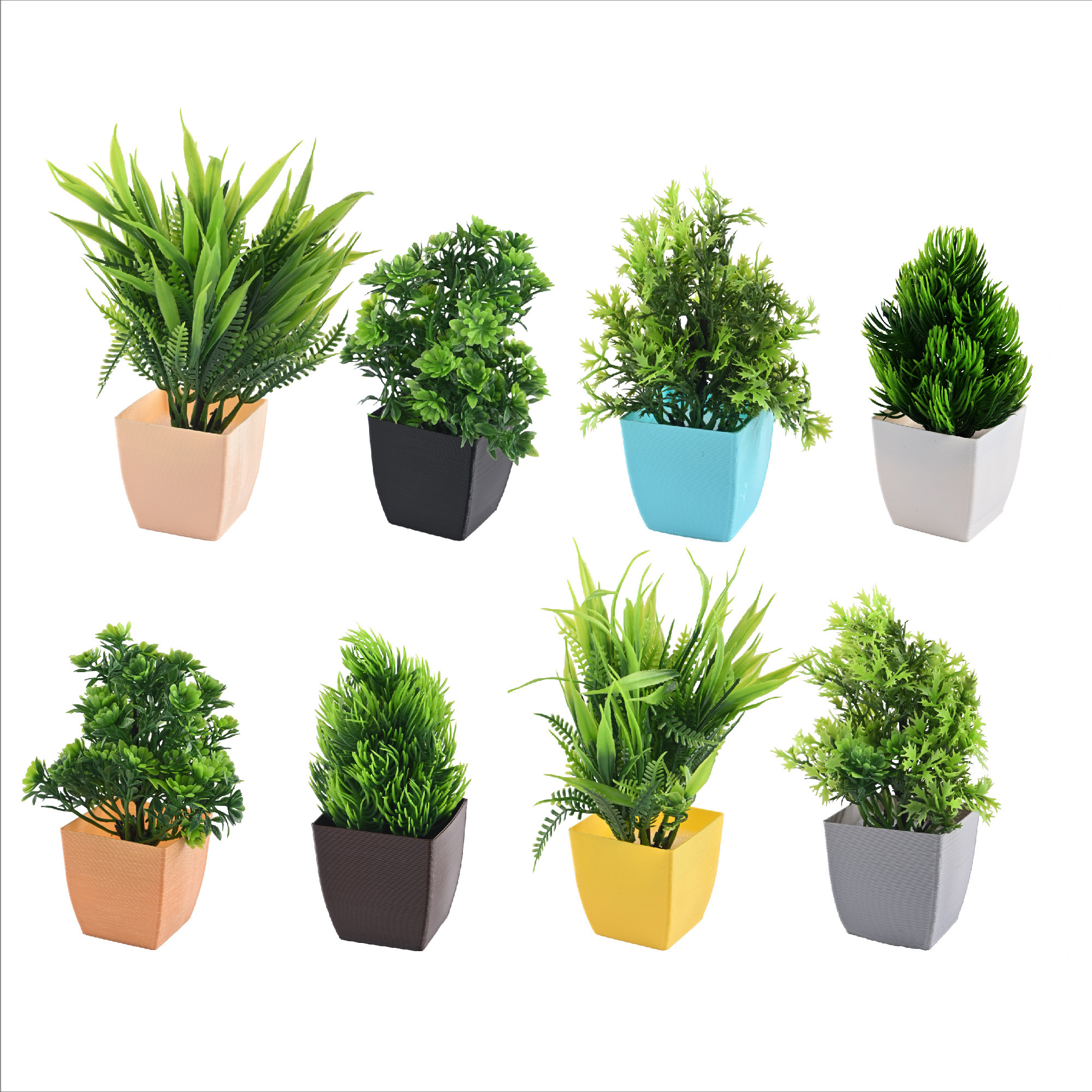 Kuber Industries 8 Pcs Set Plastic Mini Artificial Plants with Pot  Table Top  TV Unit Decorative Items for Living Room  Faux Plants for Home Decor  Office Desk  Deko Square - Multi