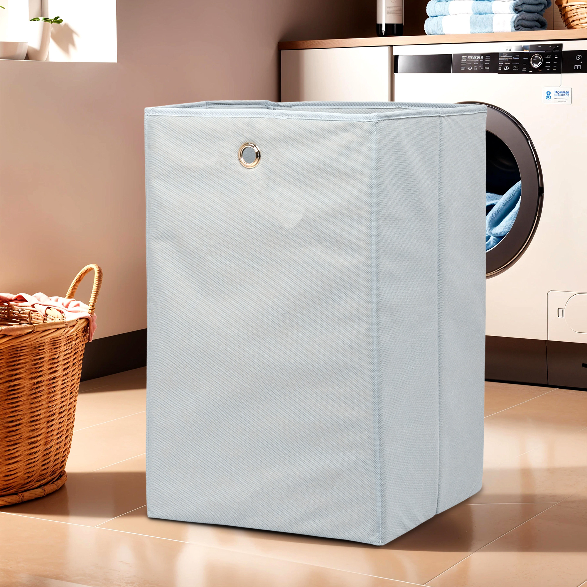 Kuber Industries 80L Foldable Laundry Basket for Clothes with Holding Rings  Cloth Storage Box for Washing  Kids Toys  Unwashed Dirty Dress Bins Bucket for Storage  Plain Grey