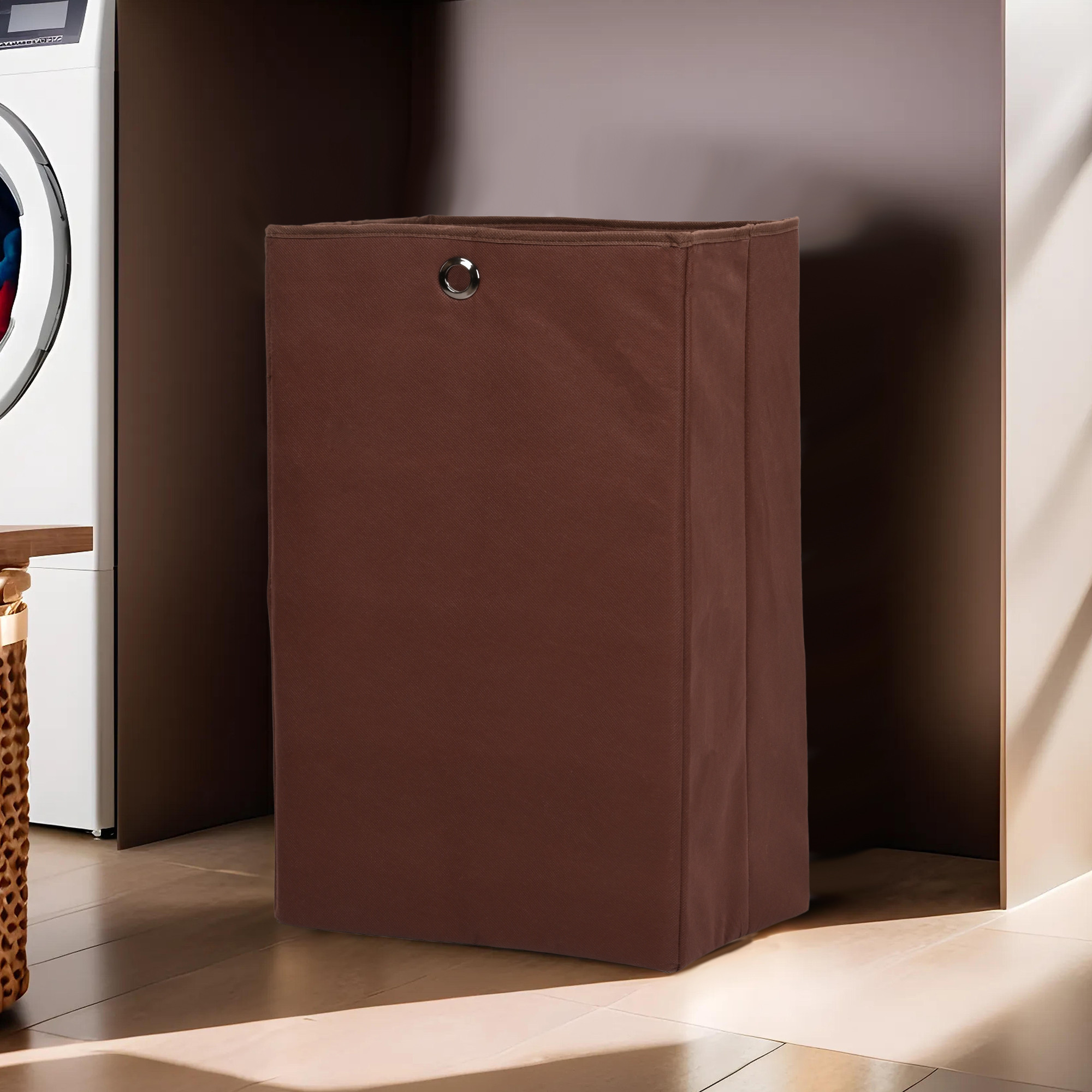 Kuber Industries 80L Foldable Laundry Basket for Clothes with Holding Rings  Cloth Storage Box for Washing  Kids Toys  Unwashed Dirty Dress Bins Bucket for Storage  Plain Brown