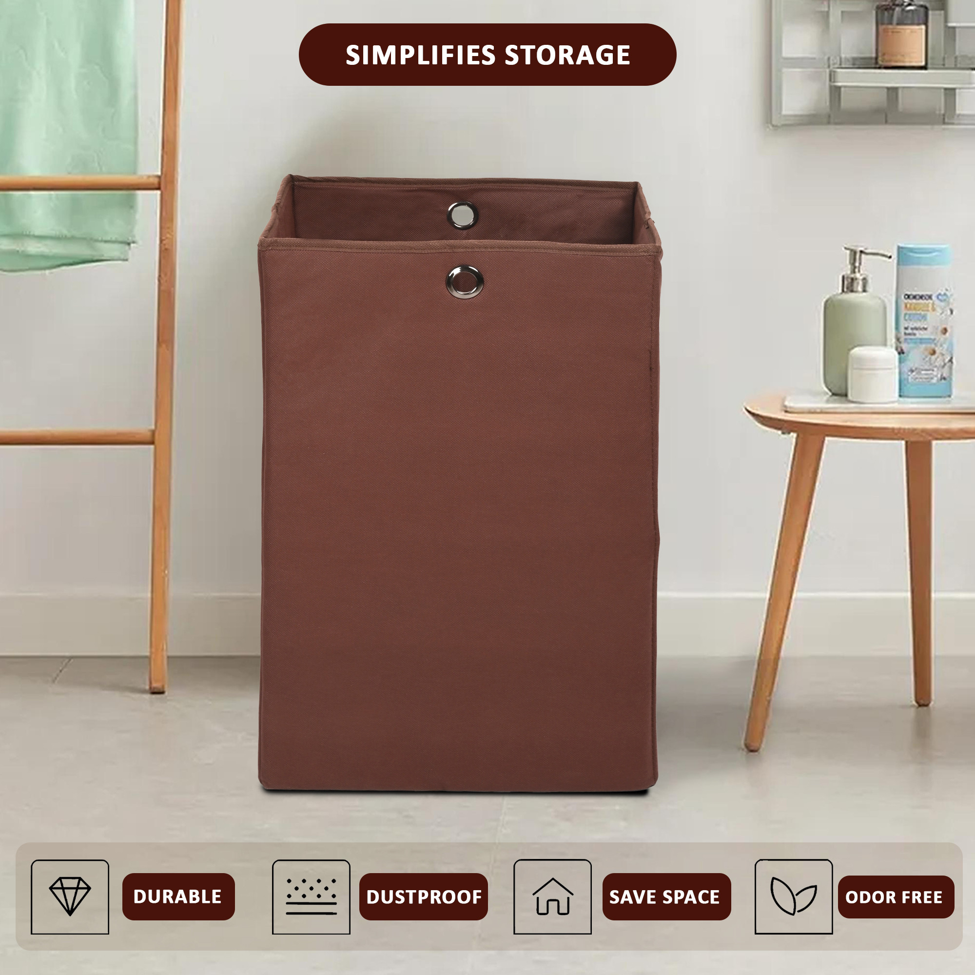 Kuber Industries 80L Foldable Laundry Basket for Clothes with Holding Rings  Cloth Storage Box for Washing  Kids Toys  Unwashed Dirty Dress Bins Bucket for Storage  Plain Brown
