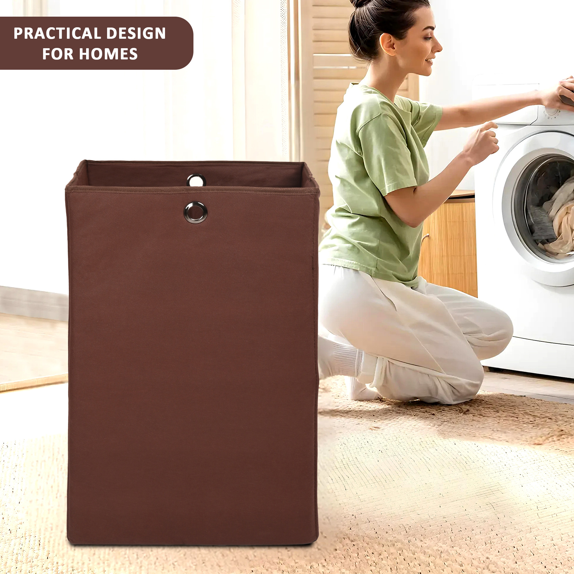 Kuber Industries 80L Foldable Laundry Basket for Clothes with Holding Rings  Cloth Storage Box for Washing  Kids Toys  Unwashed Dirty Dress Bins Bucket for Storage  Plain Brown