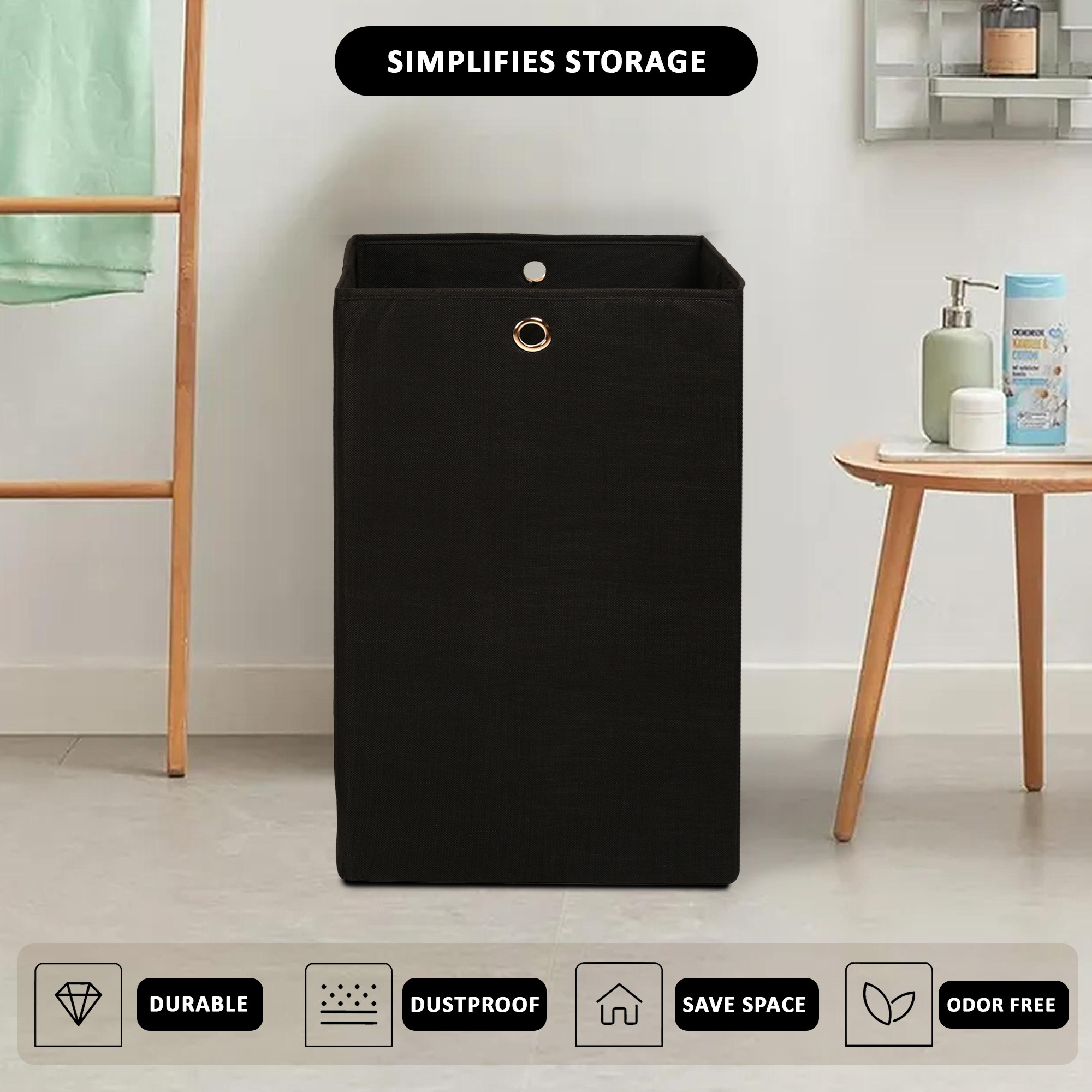 Kuber Industries 80L Foldable Laundry Basket for Clothes with Holding Rings  Cloth Storage Box for Washing  Kids Toys  Unwashed Dirty Dress Bins Bucket for Storage  Plain Black