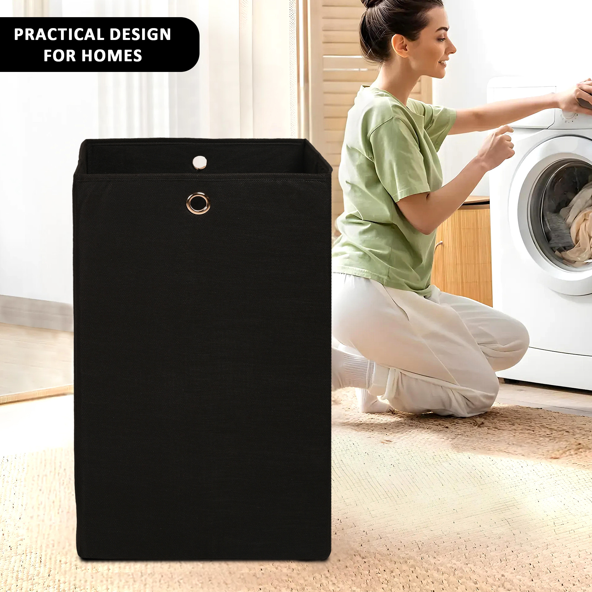 Kuber Industries 80L Foldable Laundry Basket for Clothes with Holding Rings  Cloth Storage Box for Washing  Kids Toys  Unwashed Dirty Dress Bins Bucket for Storage  Plain Black