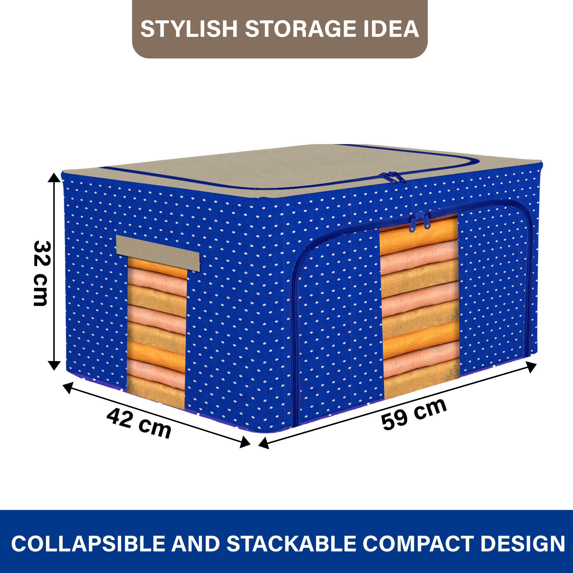 Kuber Industries 88 Liter Clothes Storage Box  Foldable Steel Frame Clothes Organizer  Storage Box For Wardrobe-Saree-Shirts And Blankets  Underbed Storage Bag  Dot Print  Royal Blue