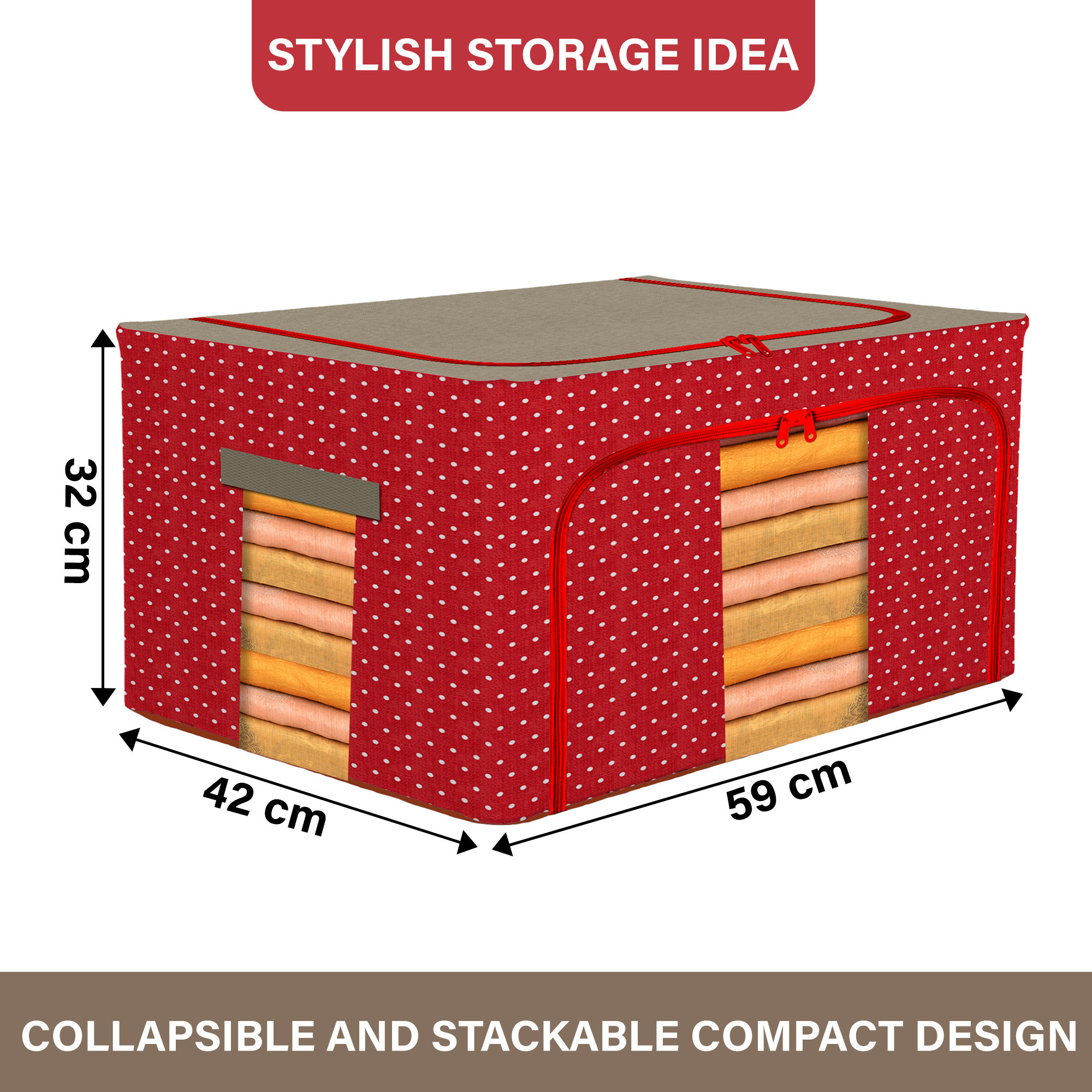 Kuber Industries 88 Liter Clothes Storage Box  Foldable Steel Frame Clothes Organizer  Storage Box For Wardrobe-Saree-Shirts And Blankets  Underbed Storage Bag  Dot Print  Red  Brown