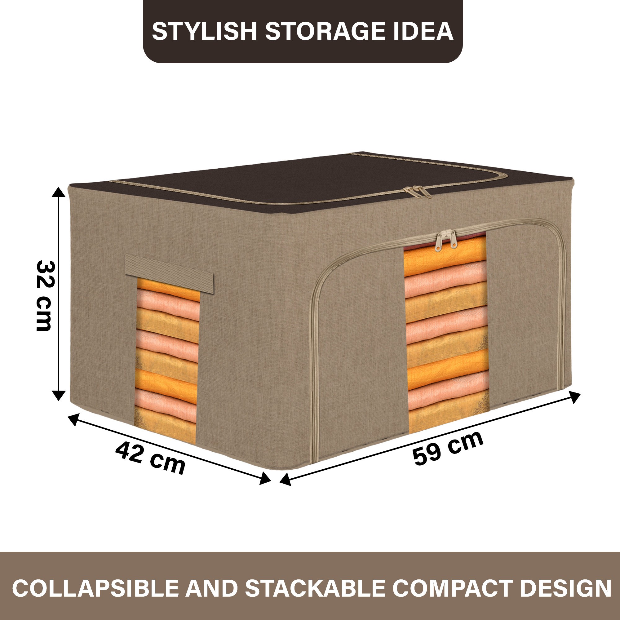 Kuber Industries 88 Liter Clothes Storage Box  Foldable Steel Frame Clothes Organizer  Storage Box For Wardrobe-Saree-Shirts And Blankets  Underbed Storage Bag  Brown