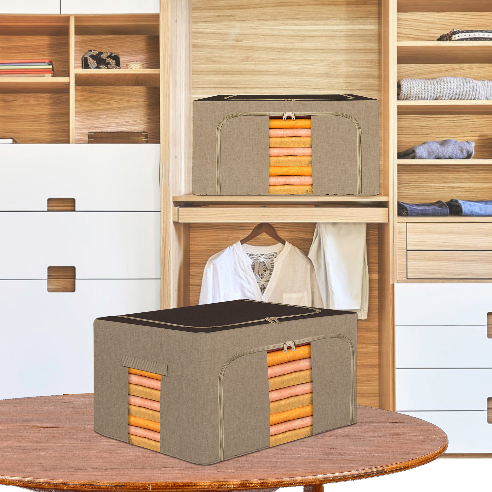 Kuber Industries 88 Liter Clothes Storage Box  Foldable Steel Frame Clothes Organizer  Storage Box For Wardrobe-Saree-Shirts And Blankets  Underbed Storage Bag  Brown