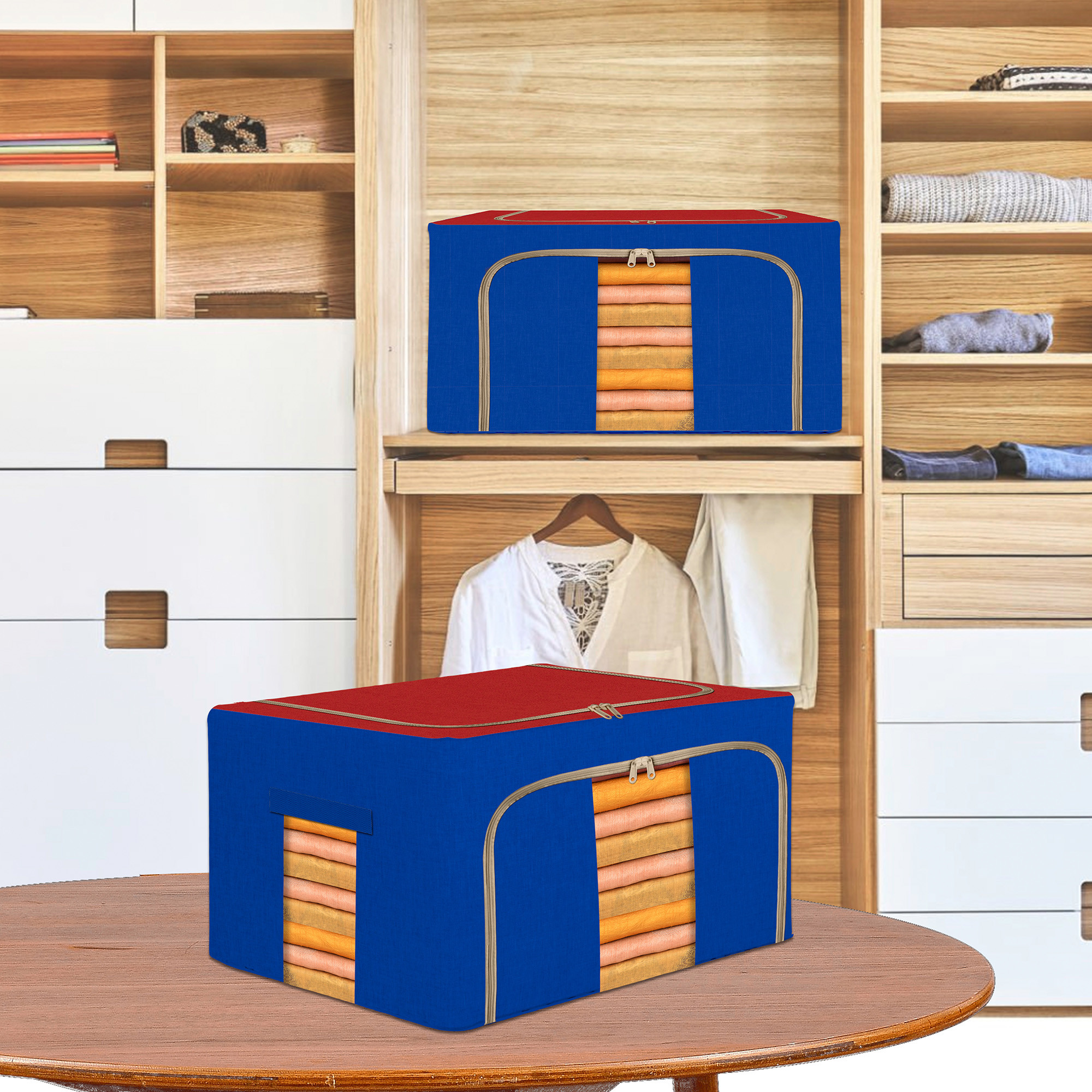 Kuber Industries 88 Liter Clothes Storage Box  Foldable Steel Frame Clothes Organizer  Storage Box For Wardrobe-Saree-Shirts And Blankets  Underbed Storage Bag  Red  Blue