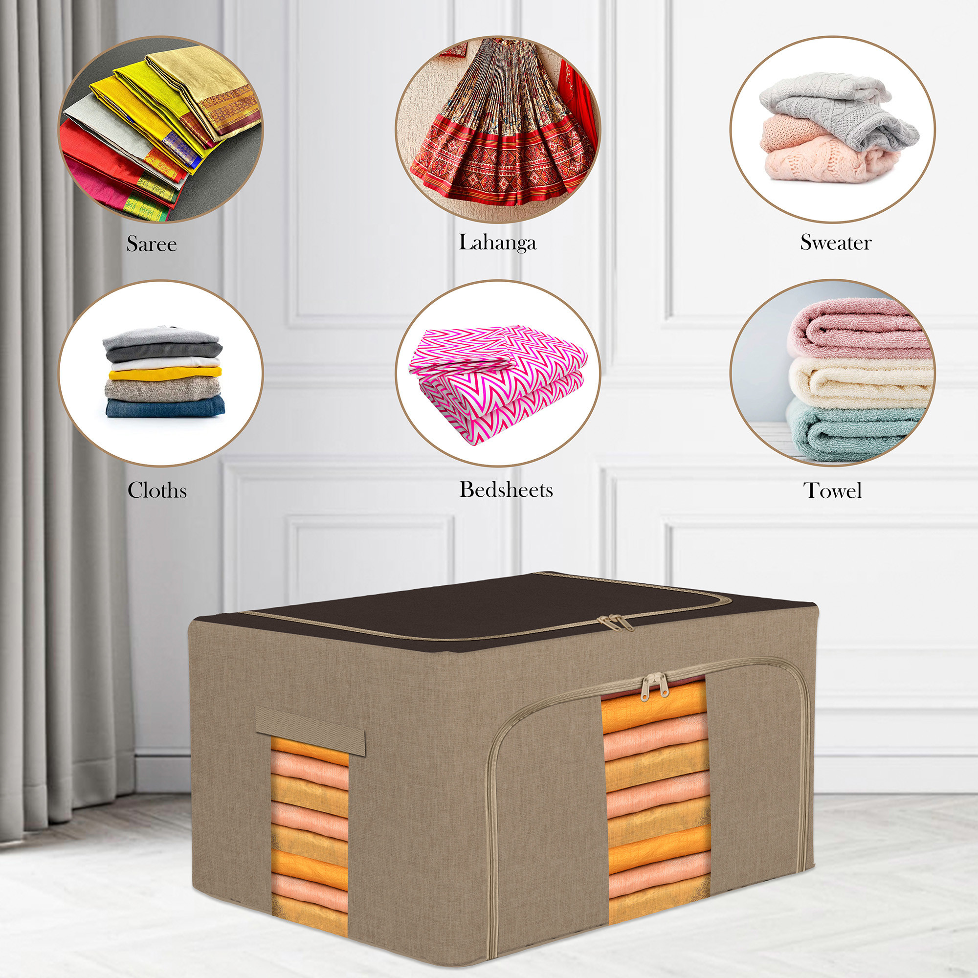 Kuber Industries 88 Liter Clothes Storage Box  Foldable Steel Frame Clothes Organizer  Storage Box For Wardrobe-Saree-Shirts And Blankets  Underbed Storage Bag  Brown