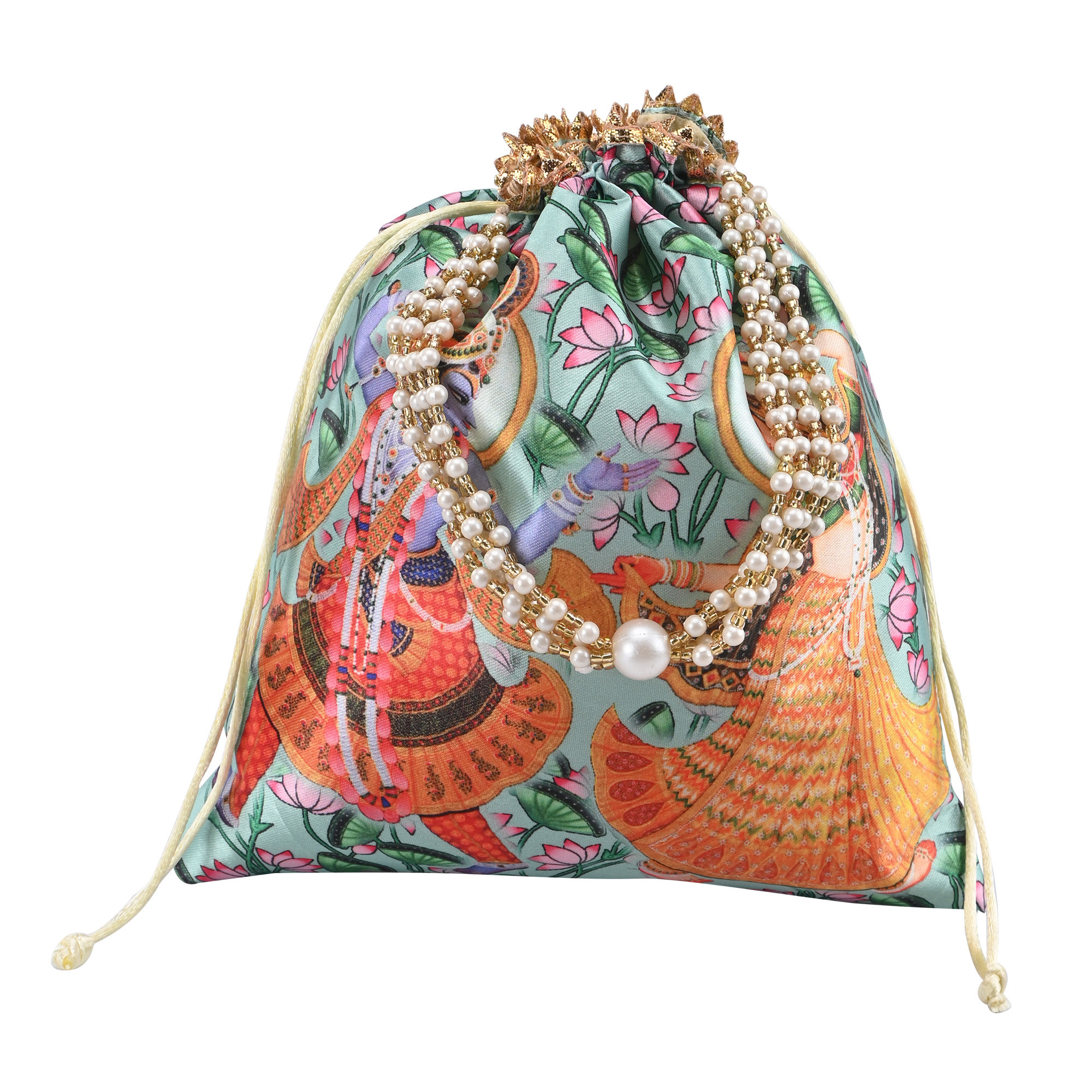 Kuber Industries 8x9 Inch Potli Bag For Women  Girls With Pearl Handles  Gifting Handbag  Purse - Ideal For Party Wedding  Events  Radha Krishna Print - Green