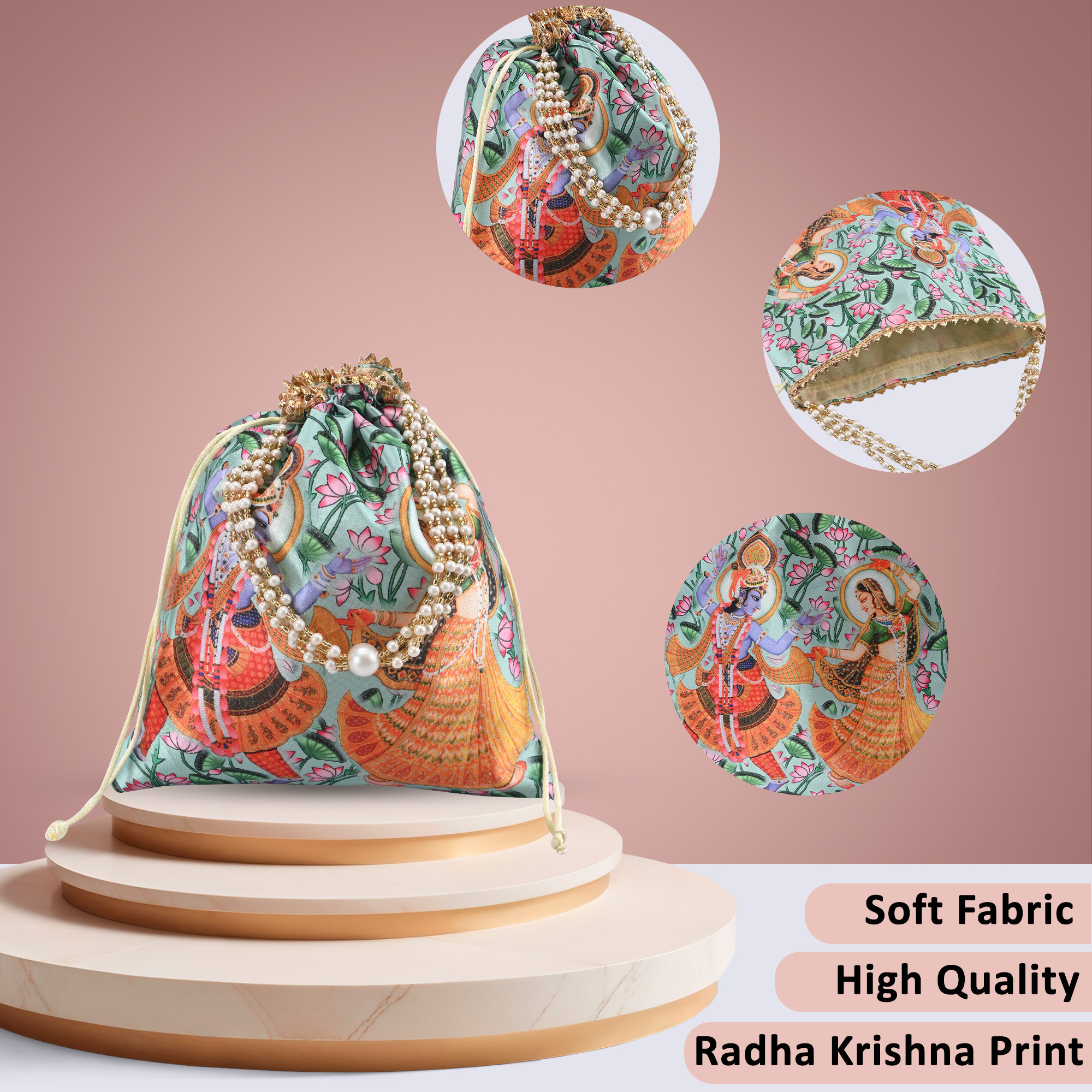 Kuber Industries 8x9 Inch Potli Bag For Women  Girls With Pearl Handles  Gifting Handbag  Purse - Ideal For Party Wedding  Events  Radha Krishna Print - Green