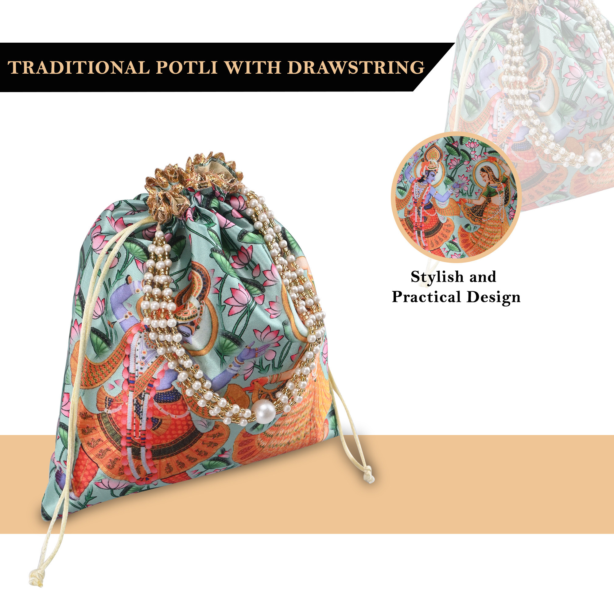 Kuber Industries 8x9 Inch Potli Bag For Women  Girls With Pearl Handles  Gifting Handbag  Purse - Ideal For Party Wedding  Events  Radha Krishna Print - Green