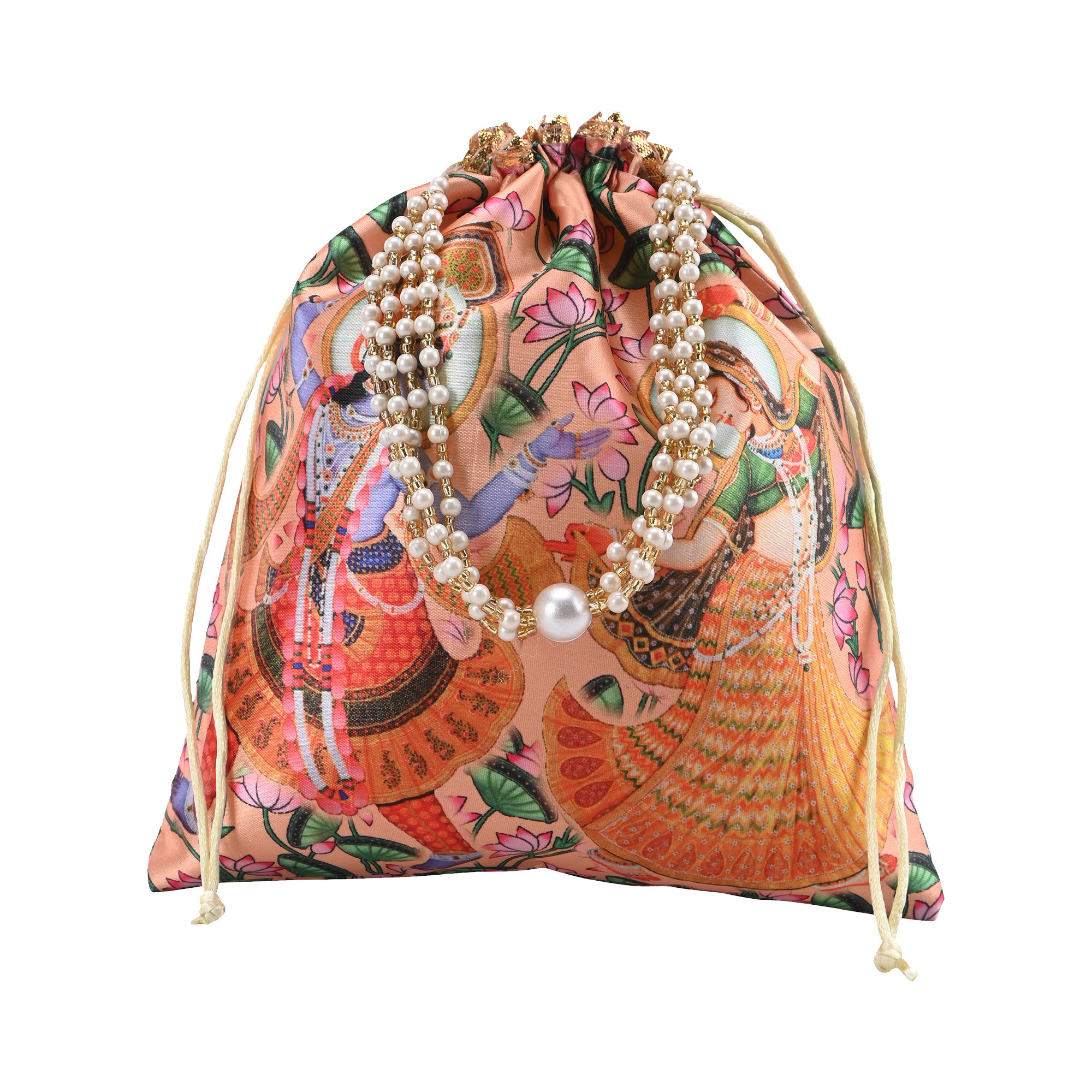 Kuber Industries 8x9 Inch Potli Bag For Women  Girls With Pearl Handles  Gifting Handbag  Purse - Ideal For Party Wedding  Events  Radha Krishna Print - Peach